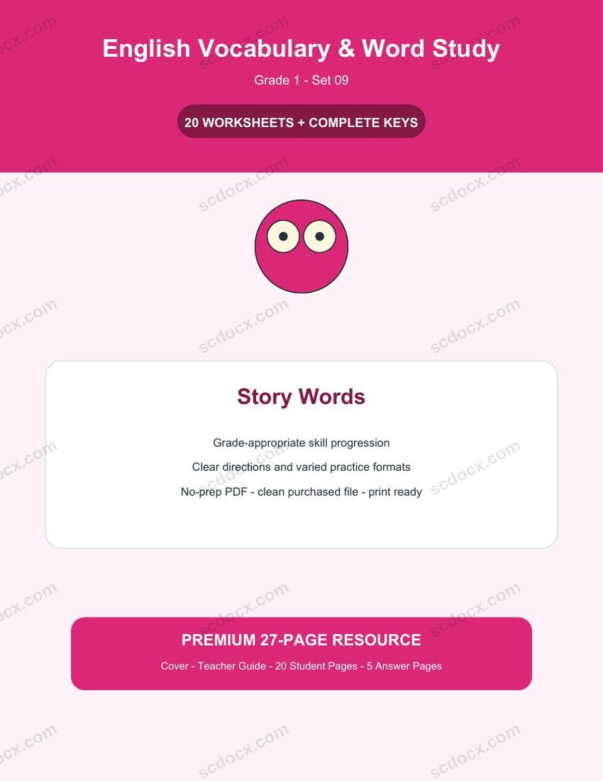 English Vocabulary & Word Study | Grade 1 | Story Words | 20 Worksheets + Answer Keys
