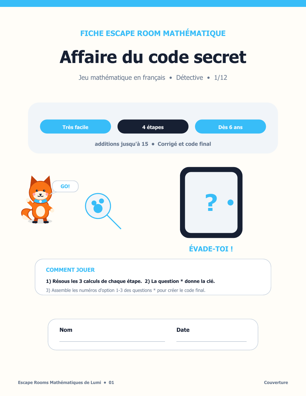 Escape Room Mathématique en Français 01 - Affaire du code secret avec corrigé (GRATUIT)
