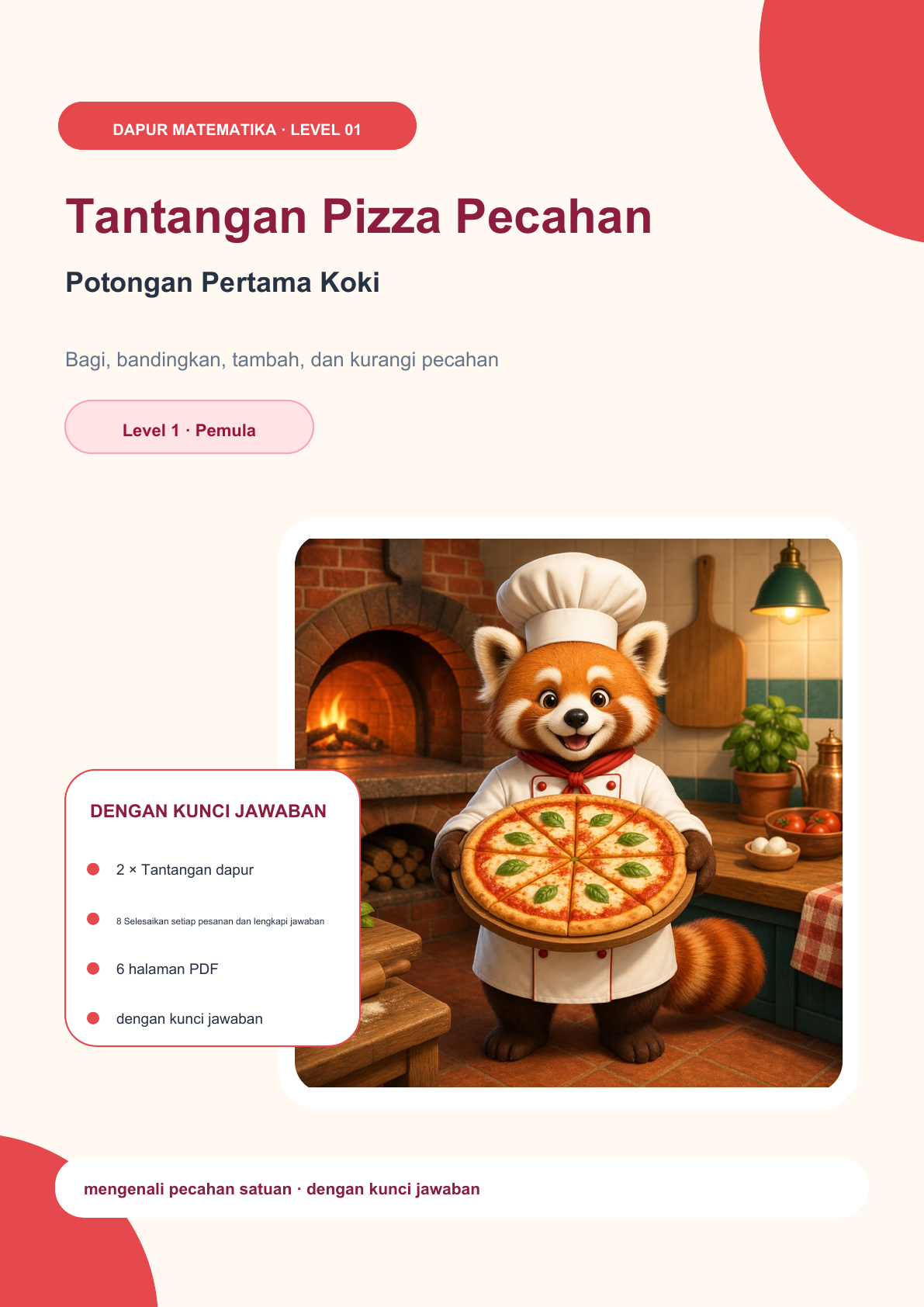 Tantangan Pizza Pecahan Level 1 | Potongan Pertama Koki dengan kunci jawaban (GRATIS)