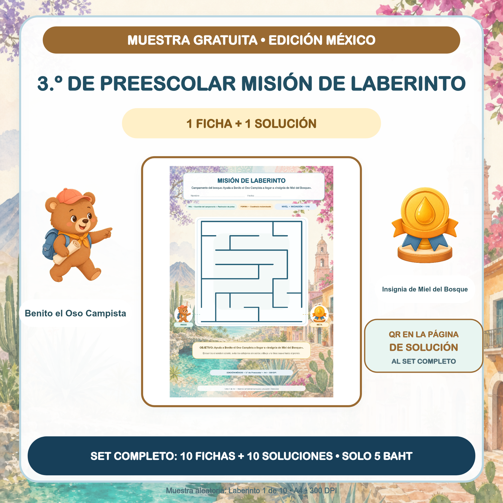 MUESTRA GRATUITA — Misiones de Laberinto México: 3.º de Preescolar (1 ficha + solución)