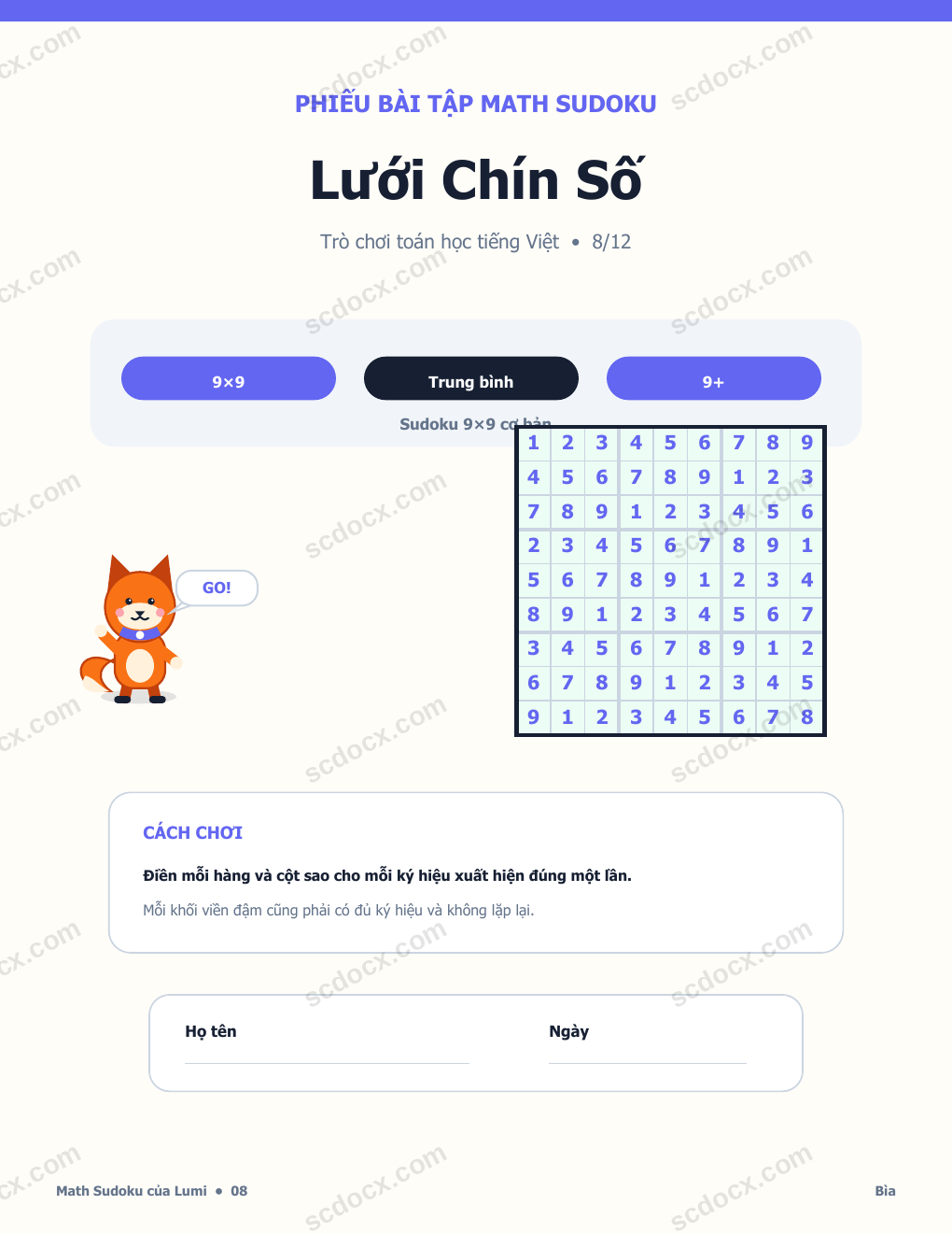 Math Sudoku Tiếng Việt 08 - Lưới Chín Số có Đáp án