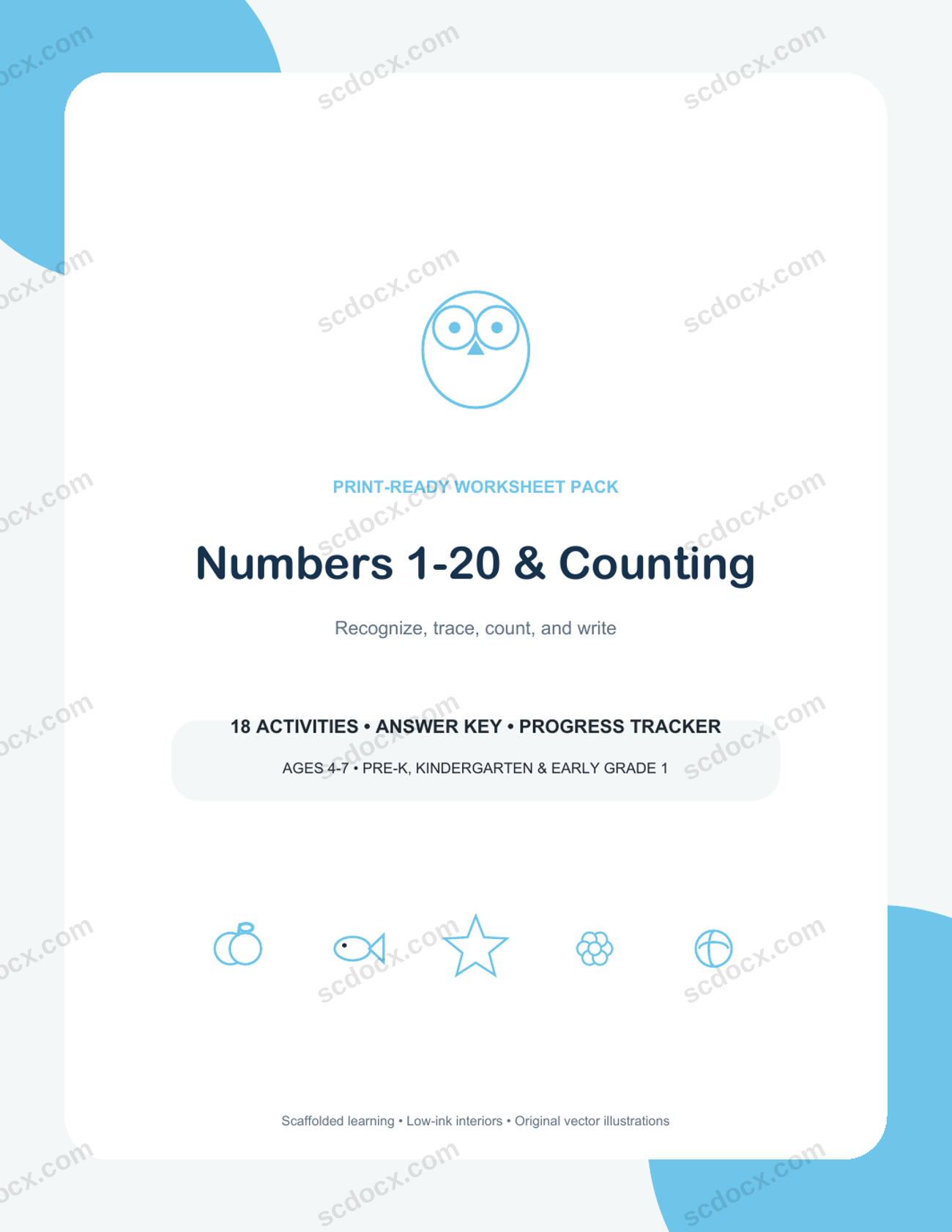 Numbers 1-20 & Counting | 18 Kindergarten Math Worksheets + Keys | US Letter
