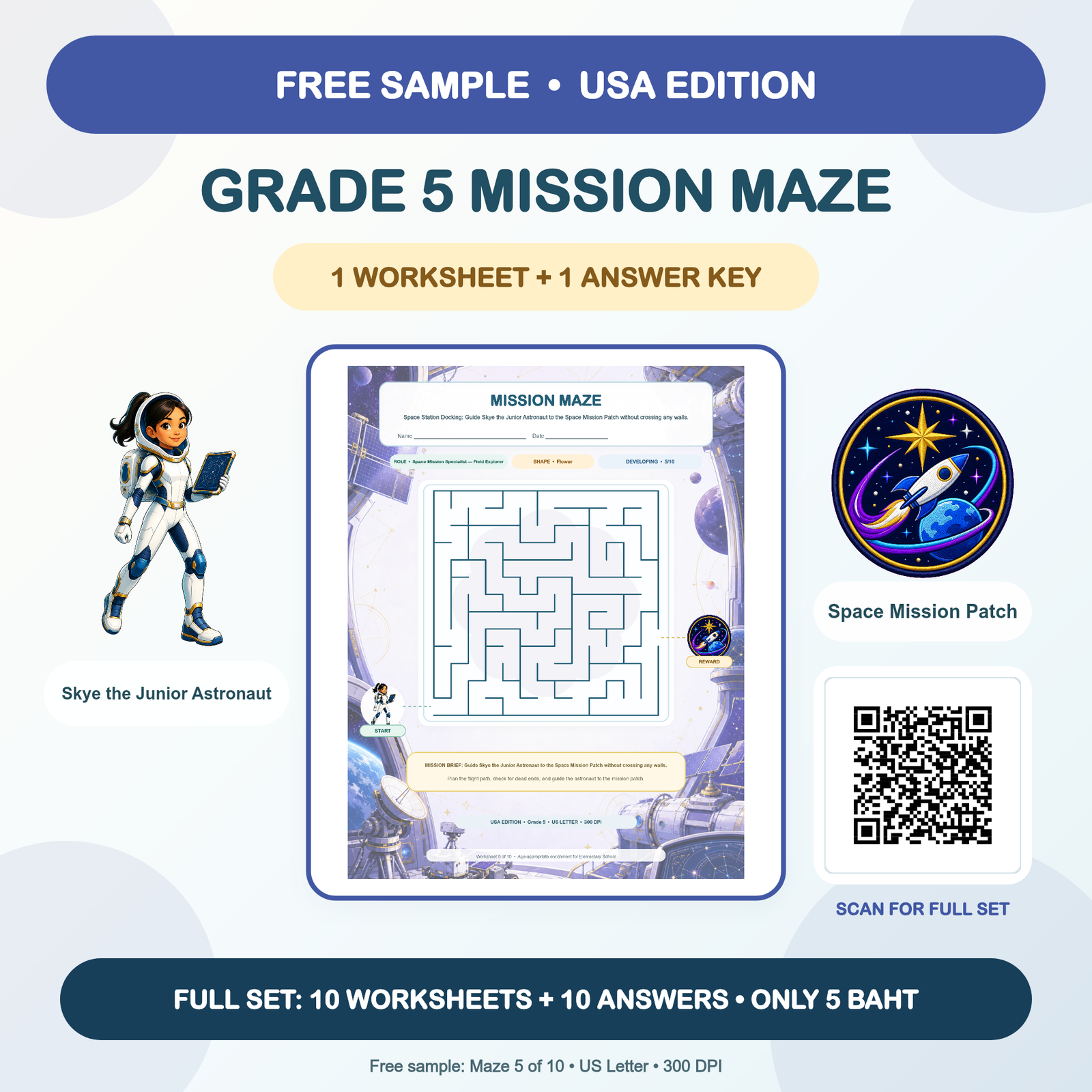 FREE SAMPLE — USA Mission Mazes: Grade 5 (1 Worksheet + Answer)