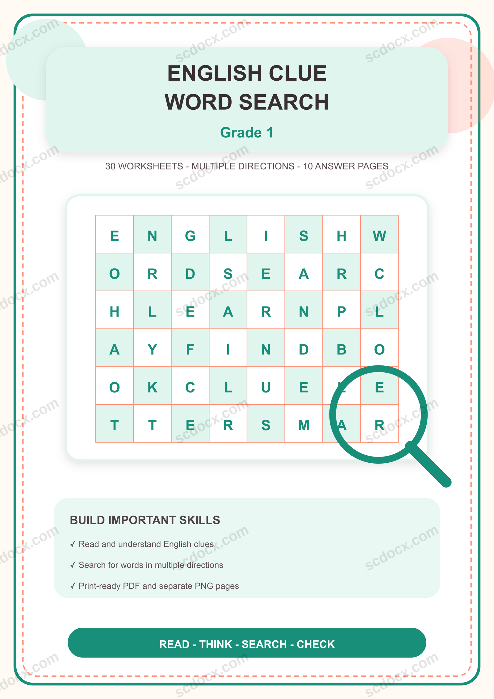 แบบฝึกค้นหาคำภาษาอังกฤษตามคำใบ้ในตาราง ป.1 | 30 หน้า พร้อมเฉลย 10 หน้า PDF + PNG