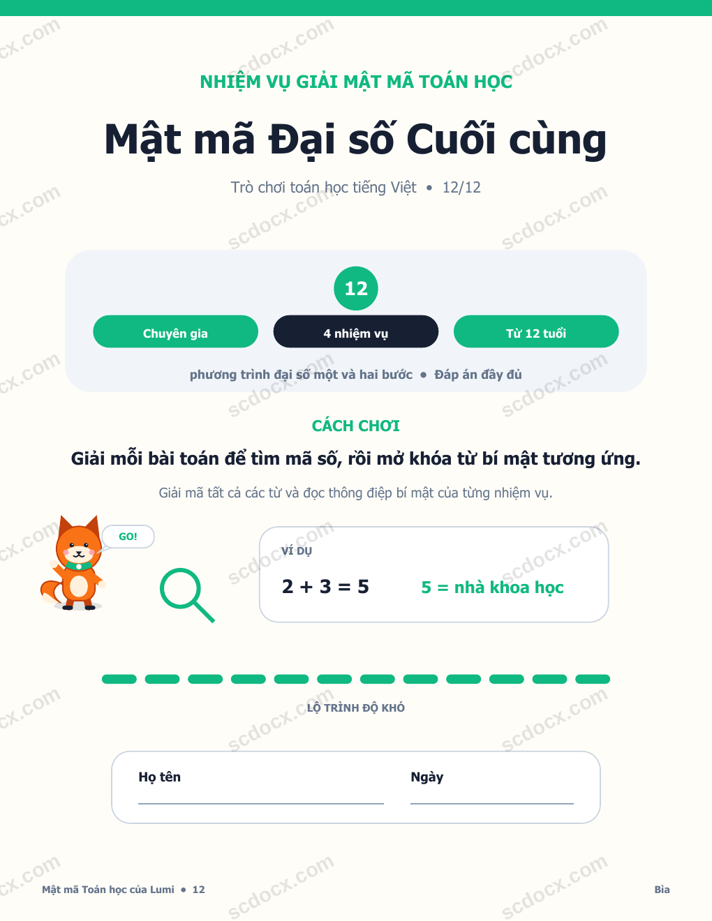 Trò chơi Mật mã Toán học Tiếng Việt 12 - Mật mã Đại số Cuối cùng có Đáp án