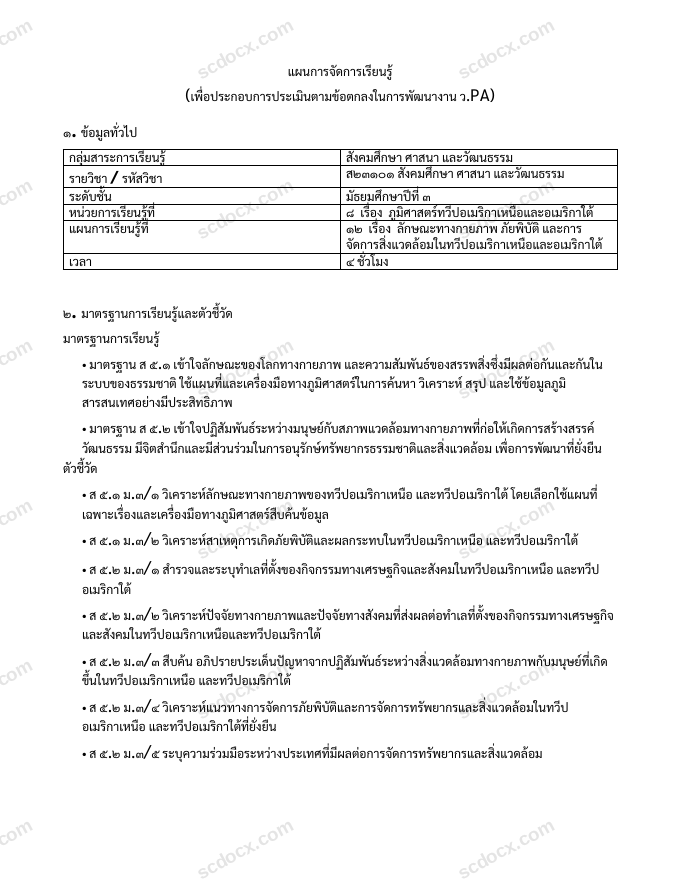 แผนการสอน ว.PA สังคมศึกษา แผนที่ 12 ลักษณะทางกายภาพ ภัยพิบัติ และการจัดการสิ่งแวดล้อมในทวีปอเมริกาเหนือและอเมริกาใต้ ม.3