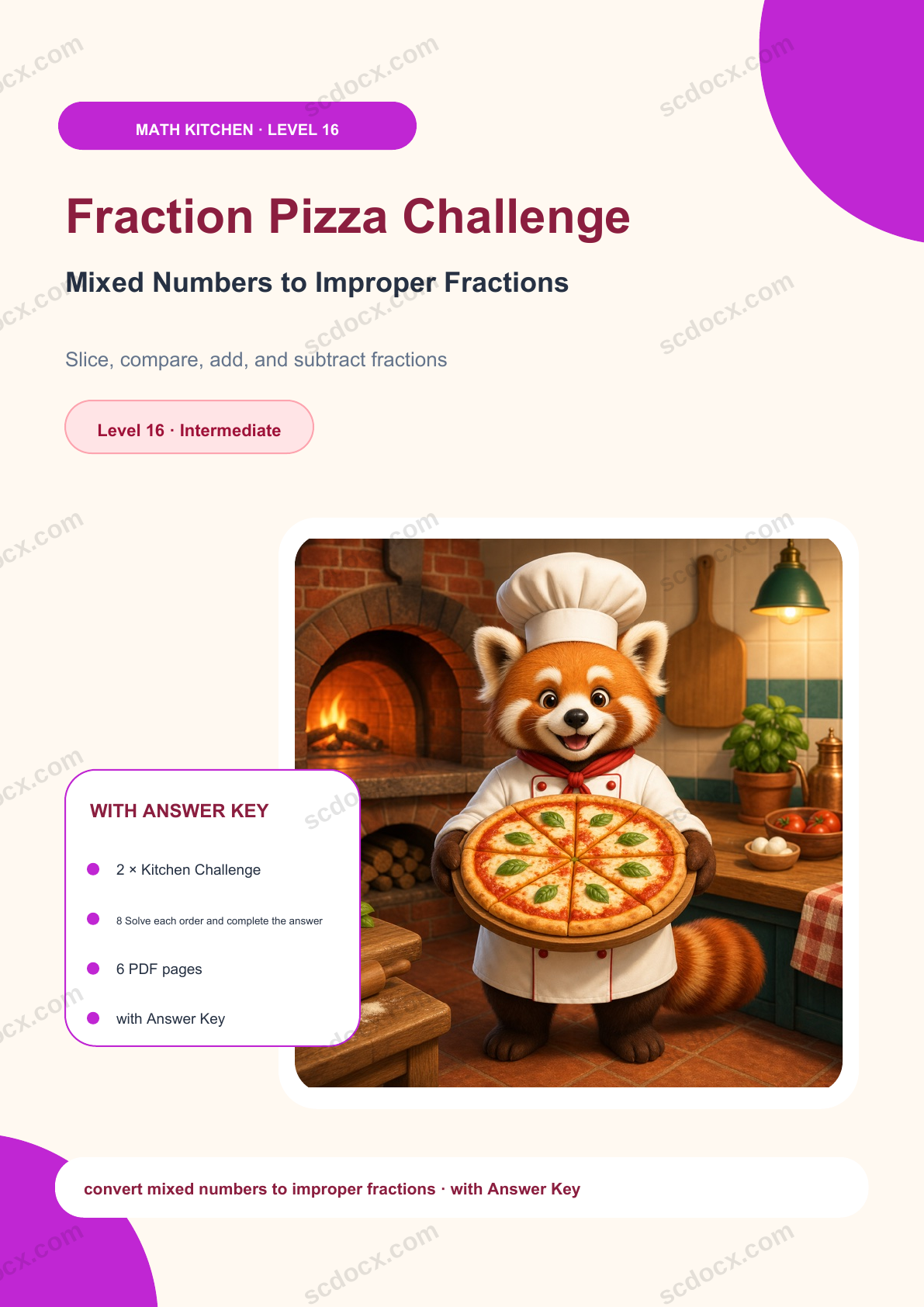 Fraction Pizza Challenge Level 16 | Mixed Numbers to Improper Fractions with Answer Key