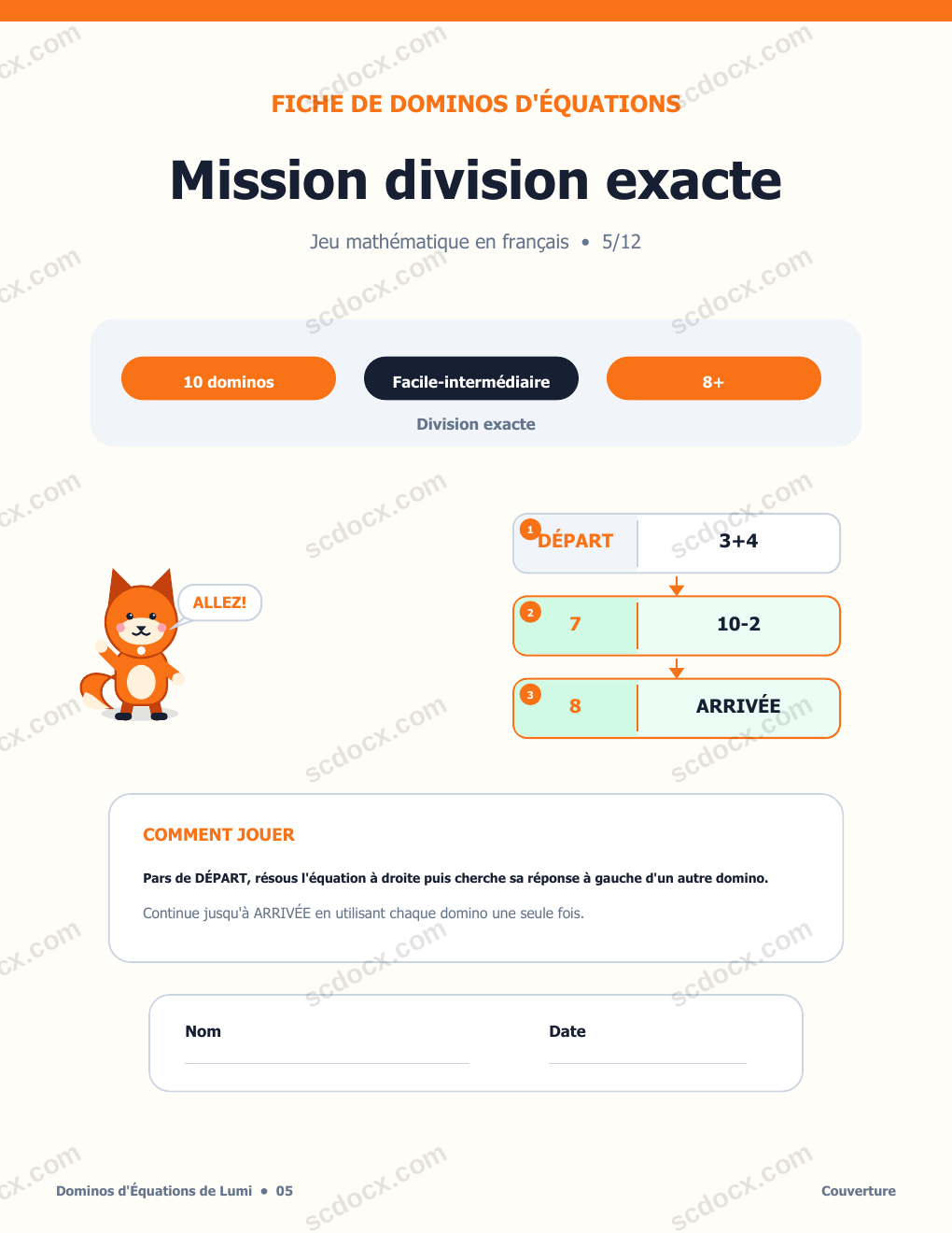 Dominos d'Équations en Français 05 - Mission division exacte avec corrigé