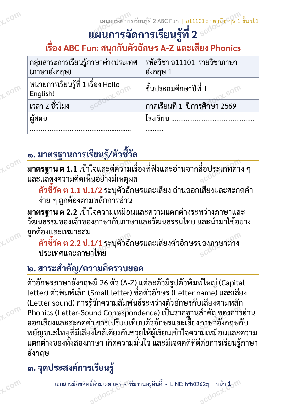 แผนการสอนประกอบการประเมิน ว.PA วิชาภาษาอังกฤษ แผนที่ 2 เรื่อง ABC Fun: สนุกกับตัวอักษร A-Z และเสียง Phonics ชั้น ป.1