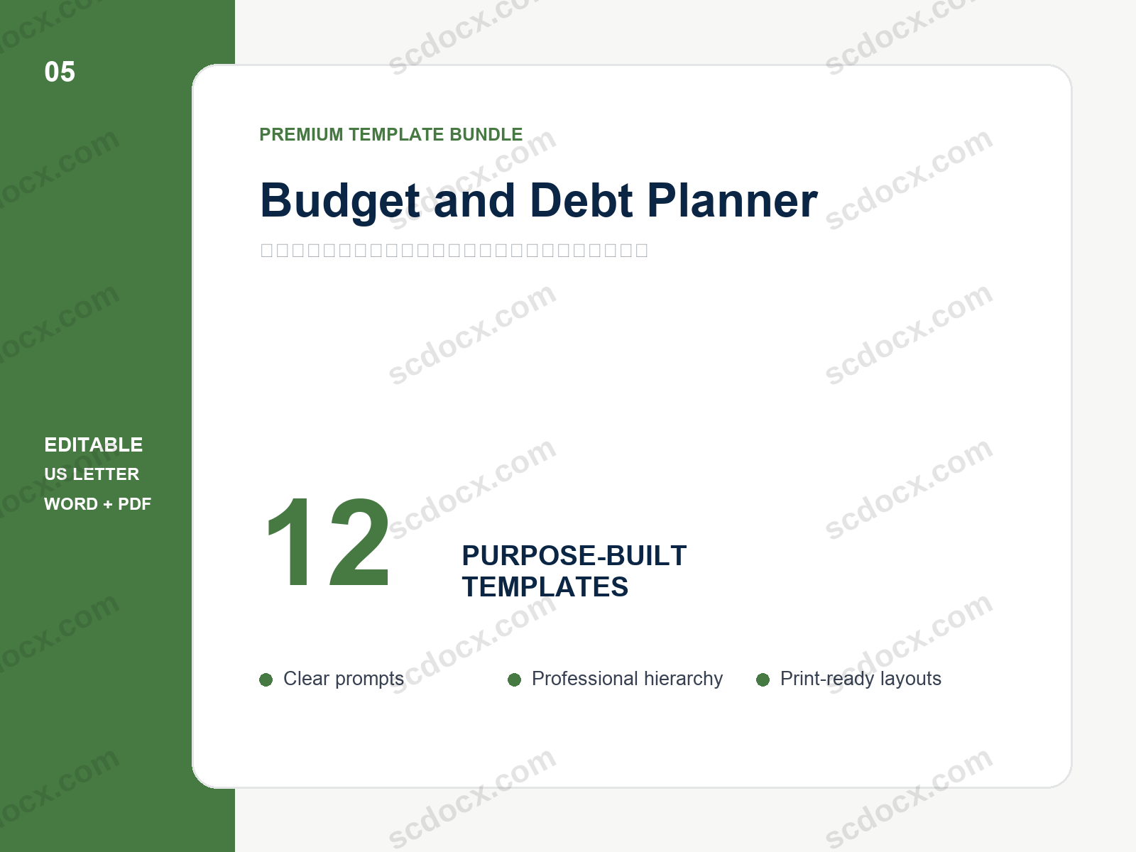 Budget and Debt Planner | 12 Editable US Letter Templates