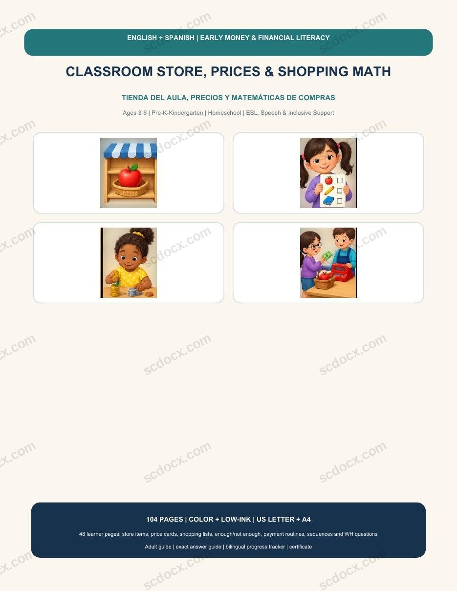 Bilingual Classroom Store, Prices & Shopping Math | English-Spanish | 208 Printable Pages