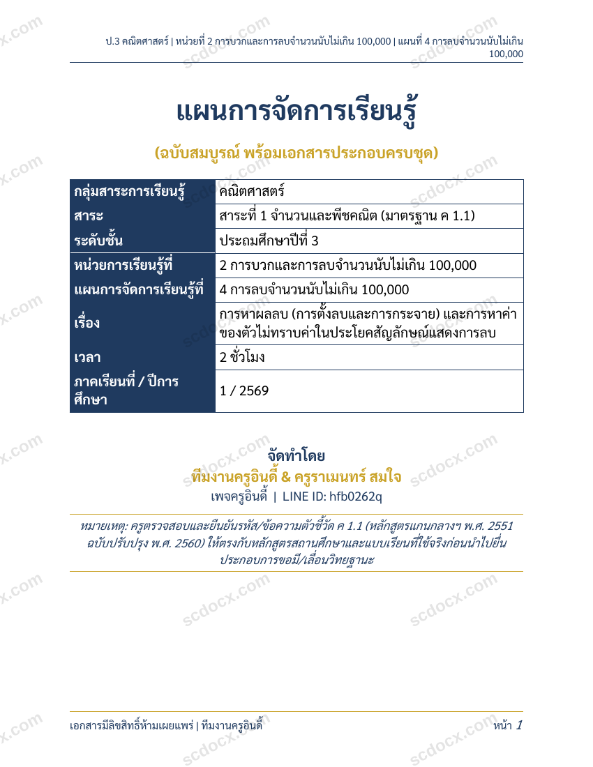แผนการสอนประกอบการประเมิน ว.PA วิชาคณิตศาสตร์ แผนที่ 4 เรื่อง การลบจำนวนนับไม่เกิน100000 ชั้น ป.3