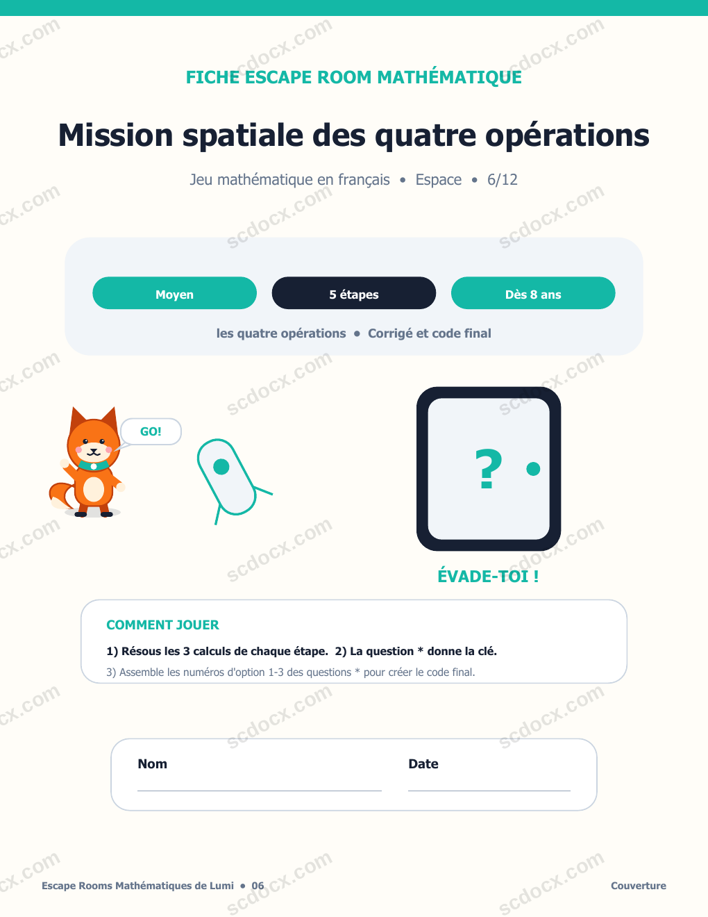 Escape Room Mathématique en Français 06 - Mission spatiale des quatre opérations avec corrigé