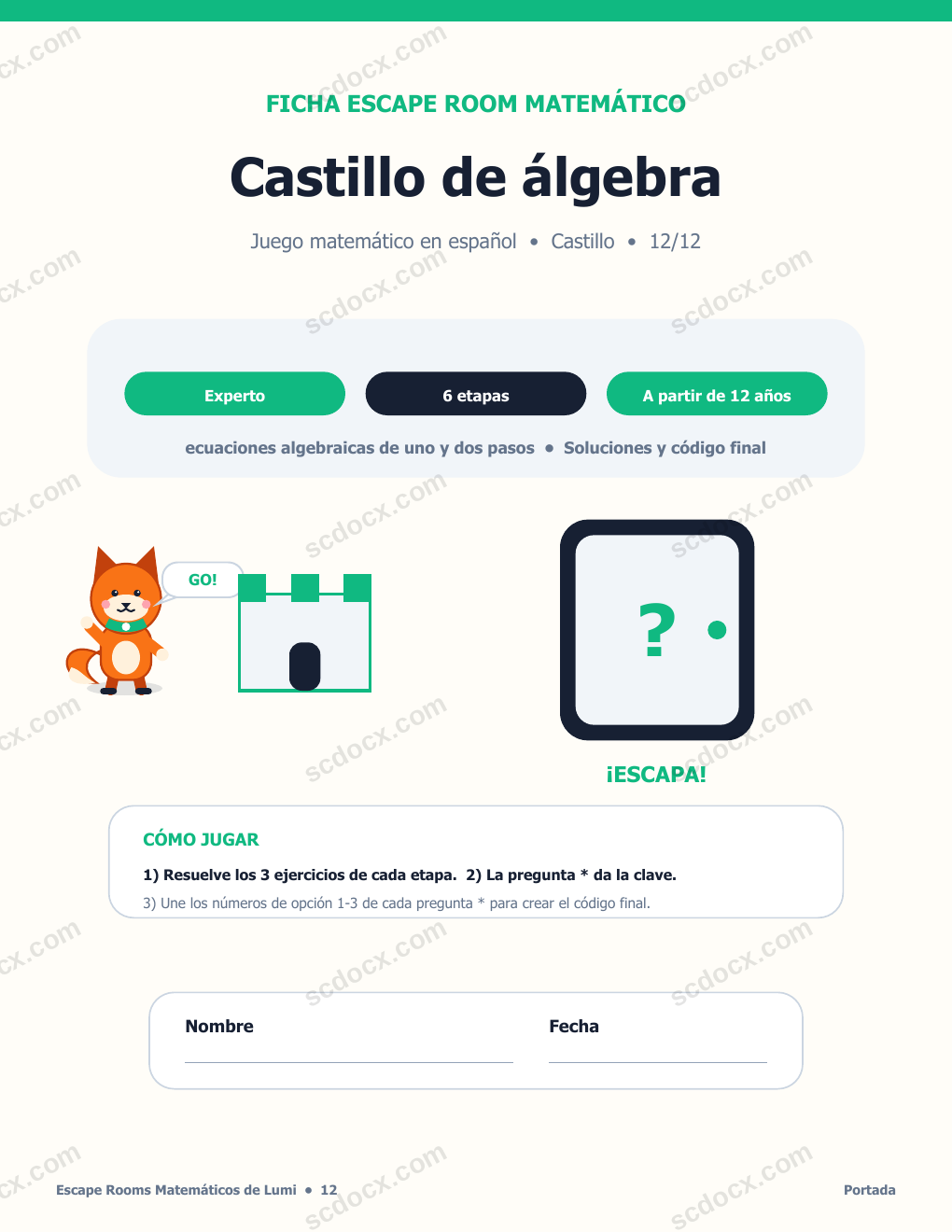 Escape Room Matemático en Español 12 - Castillo de álgebra con soluciones