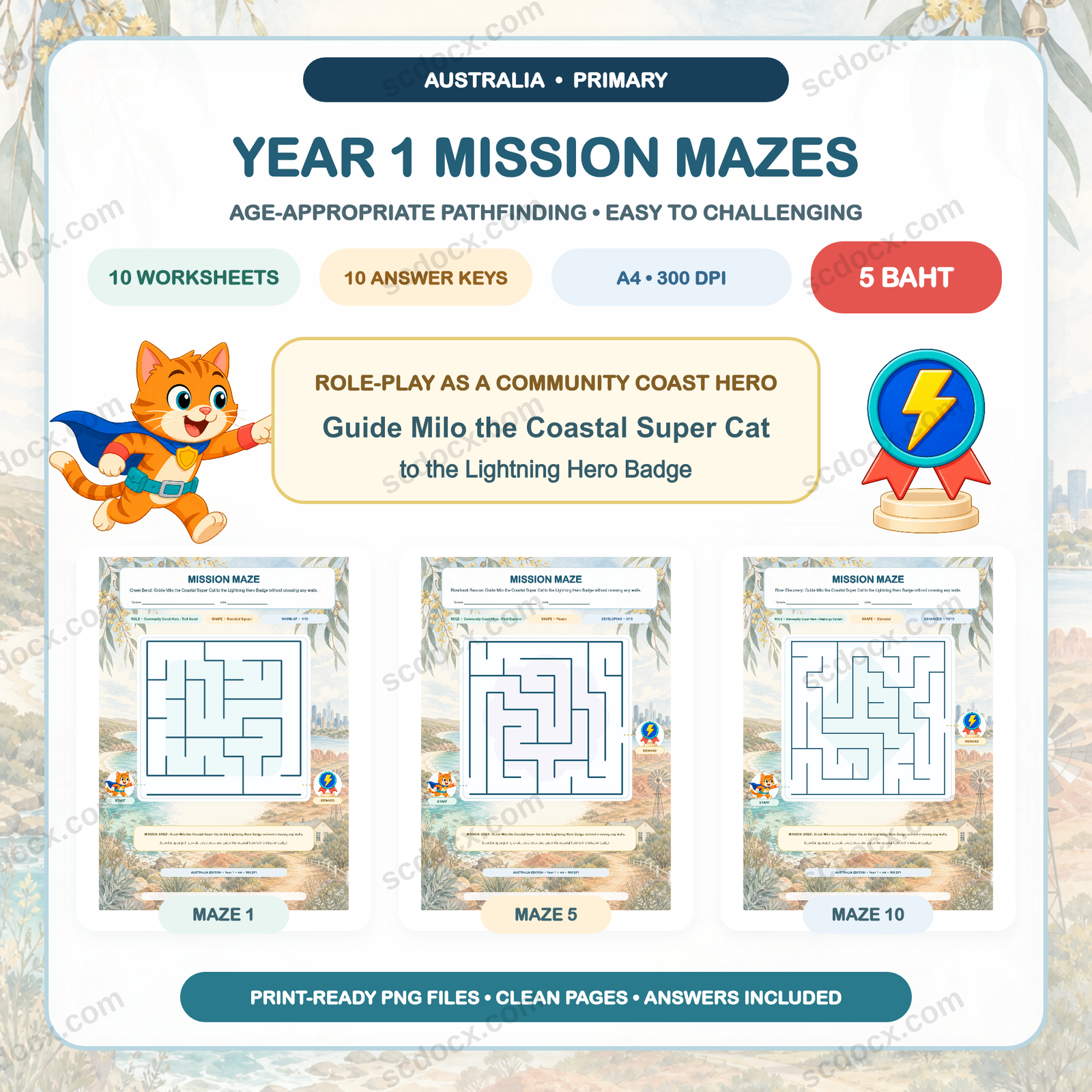 Australia Edition Mission Mazes - Year 1 (10 Worksheets + 10 Answer Keys)
