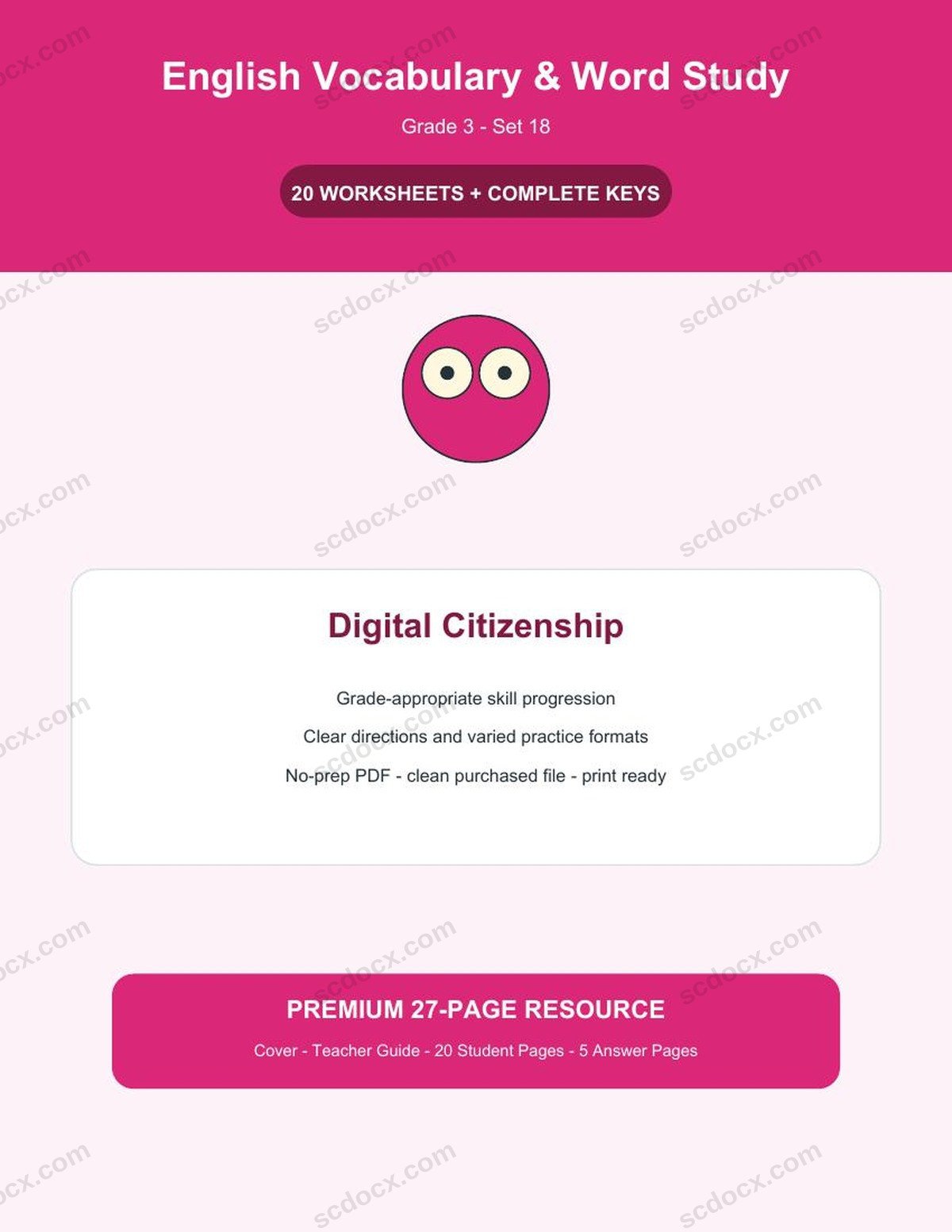 English Vocabulary & Word Study | Grade 3 | Digital Citizenship | 20 Worksheets + Answer Keys
