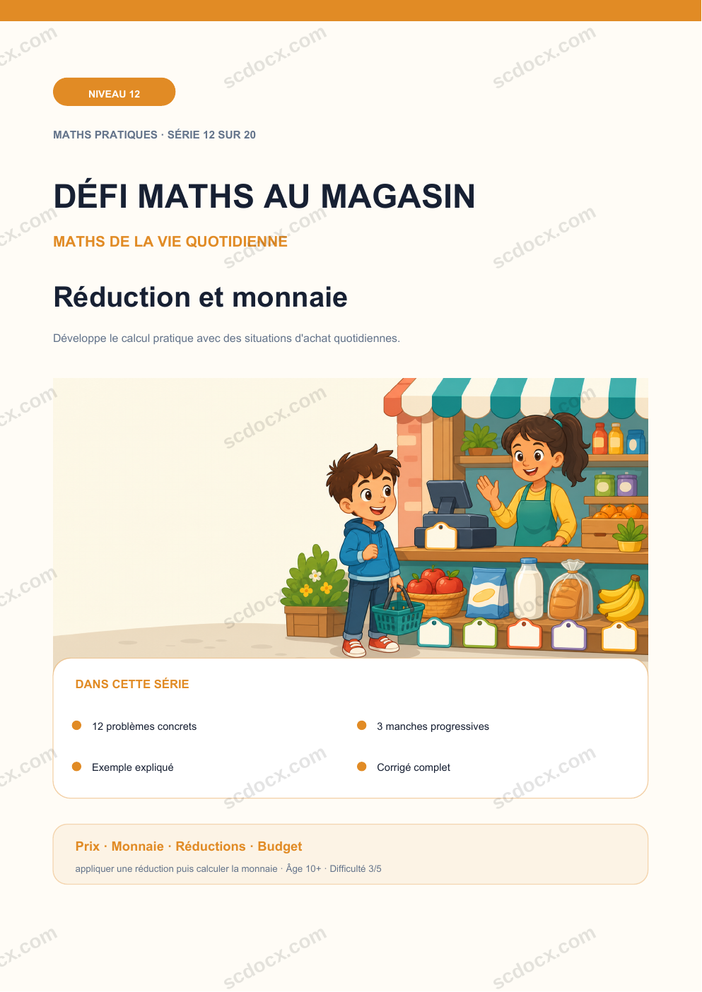 Défi maths au magasin Niveau 12 | Réduction et monnaie avec corrigé