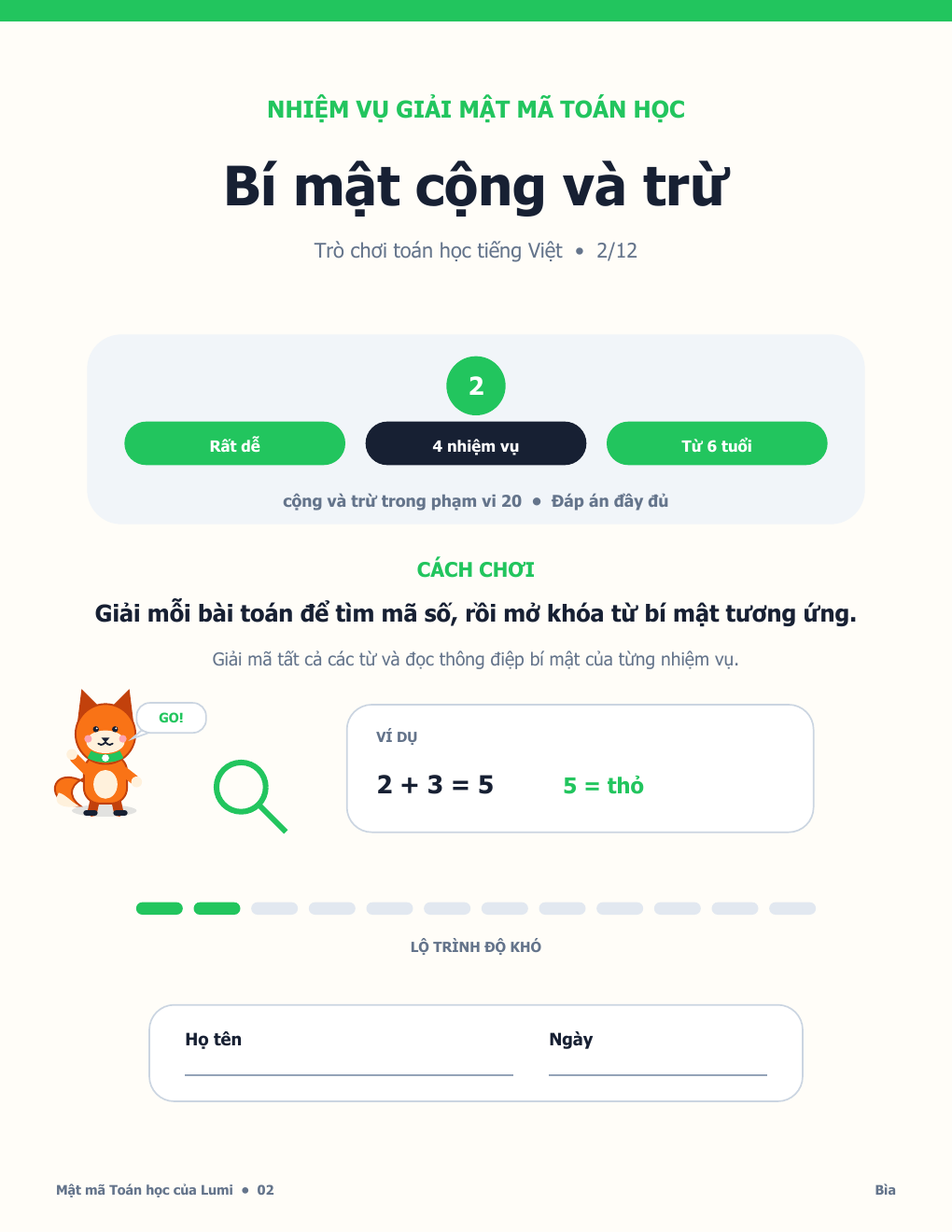 Trò chơi Mật mã Toán học Tiếng Việt 02 - Bí mật cộng và trừ có Đáp án (MIỄN PHÍ)