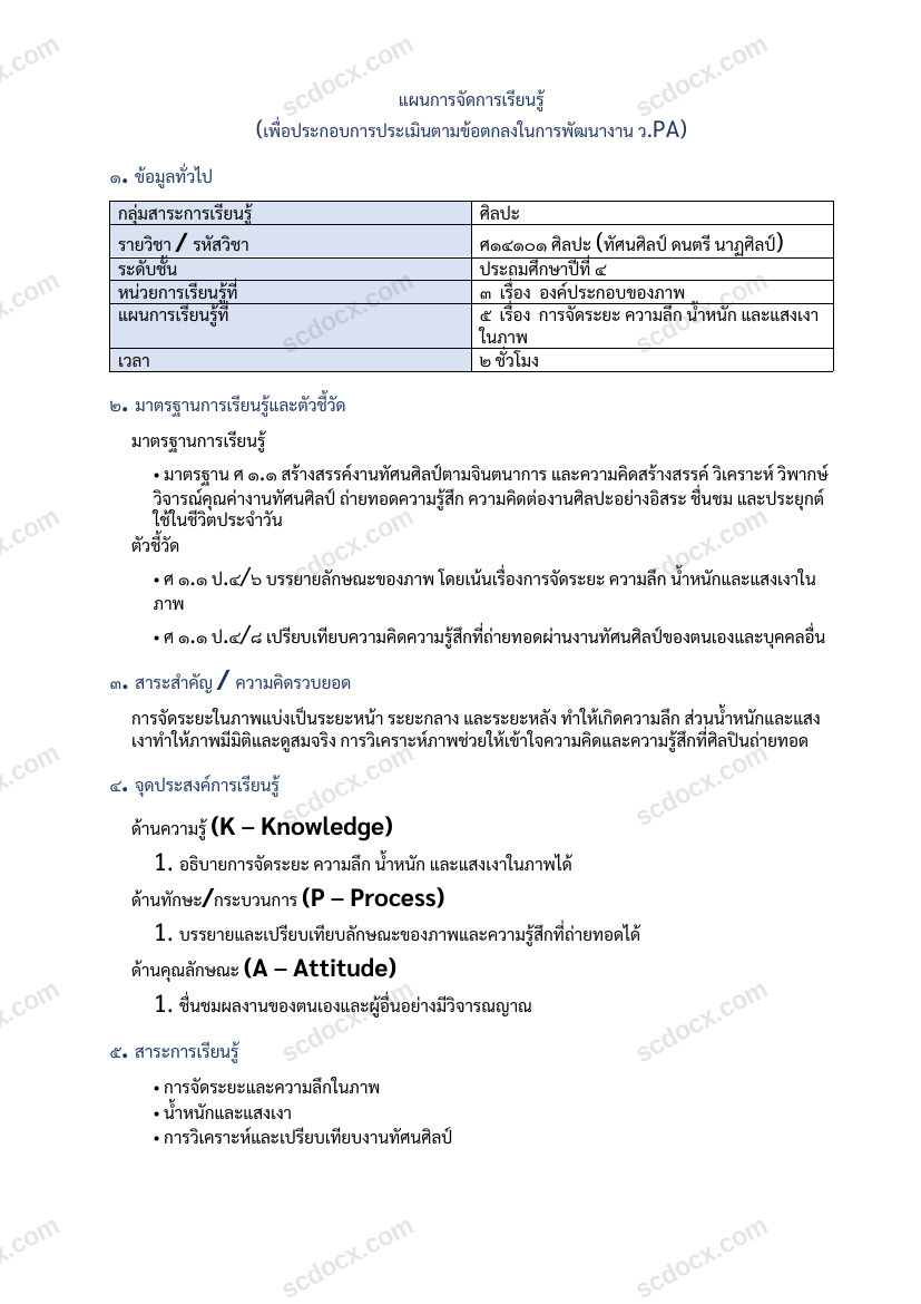 แผนการสอนประกอบการประเมิน ว.PA วิชาศิลปะ แผนที่ 5 เรื่อง การจัดระยะ ความลึก น้ำหนัก และแสงเงาในภาพ ชั้น ป.4