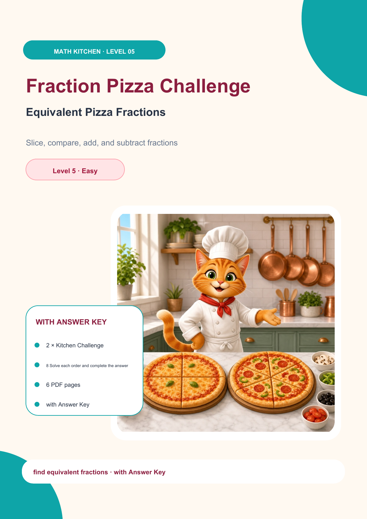 Fraction Pizza Challenge Level 5 | Equivalent Pizza Fractions with Answer Key (FREE)