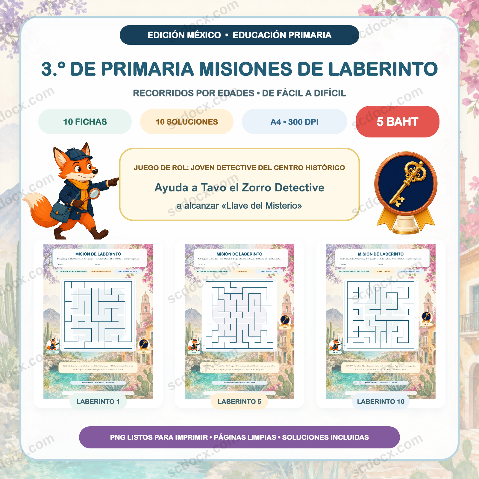 Edición México Misiones de Laberinto — 3.º de Primaria (10 fichas + soluciones)