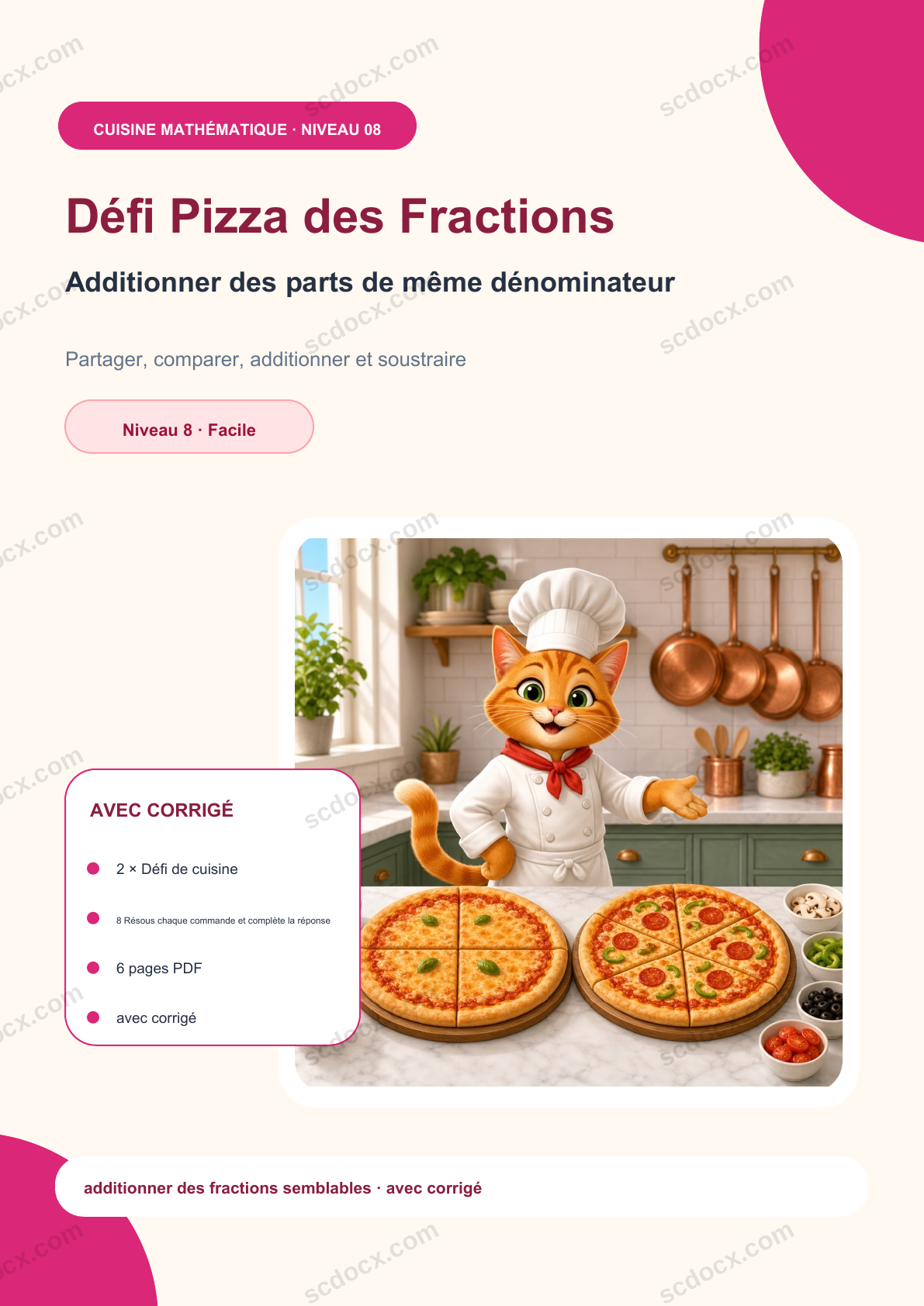 Défi Pizza des Fractions Niveau 8 | Additionner des parts de même dénominateur avec corrigé