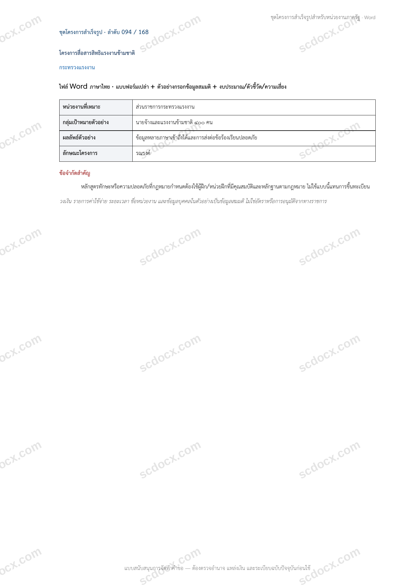 โครงการสำเร็จรูป | โครงการสื่อสารสิทธิแรงงานข้ามชาติ (กระทรวงแรงงาน) Word + ตัวอย่าง