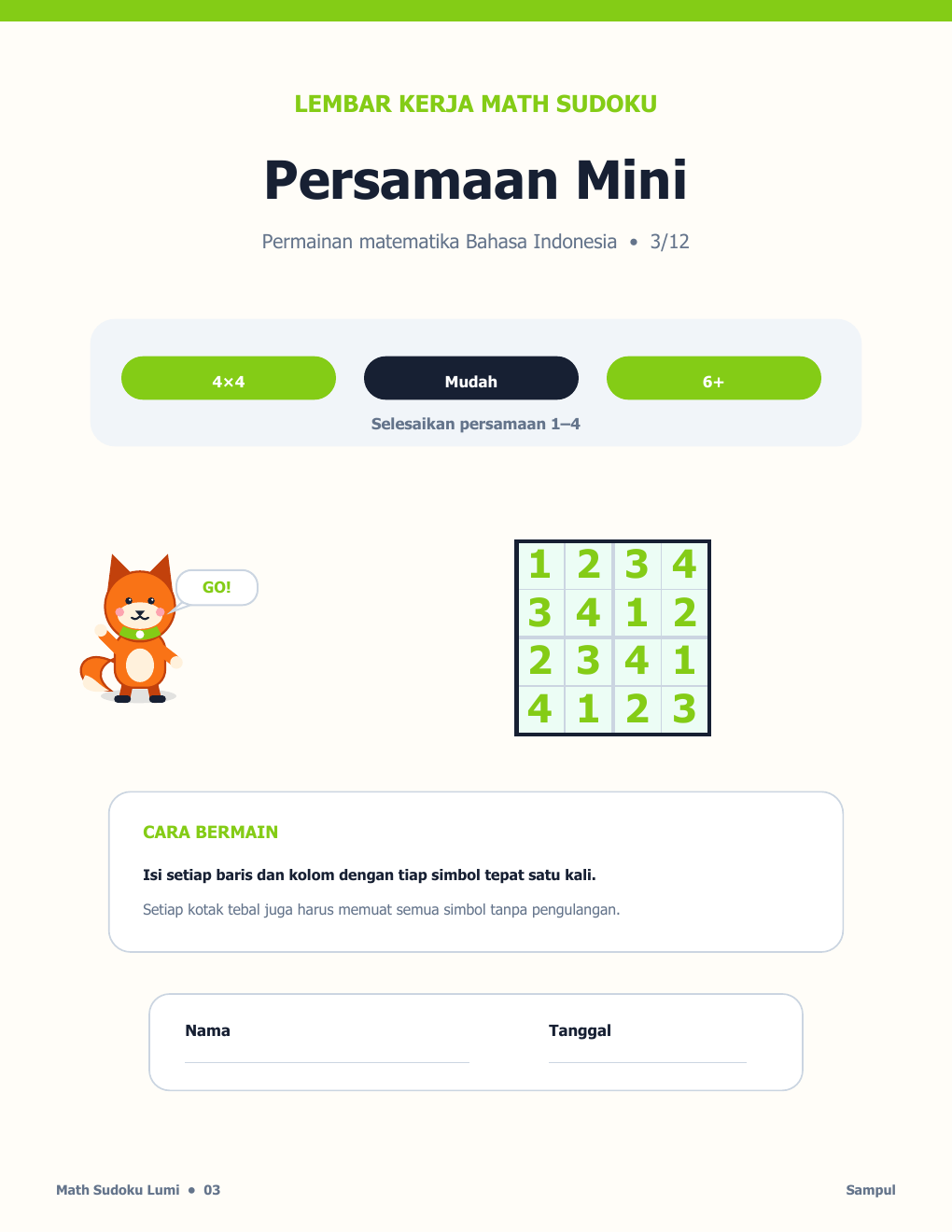 Math Sudoku Bahasa Indonesia 03 - Persamaan Mini dengan Jawaban (GRATIS)