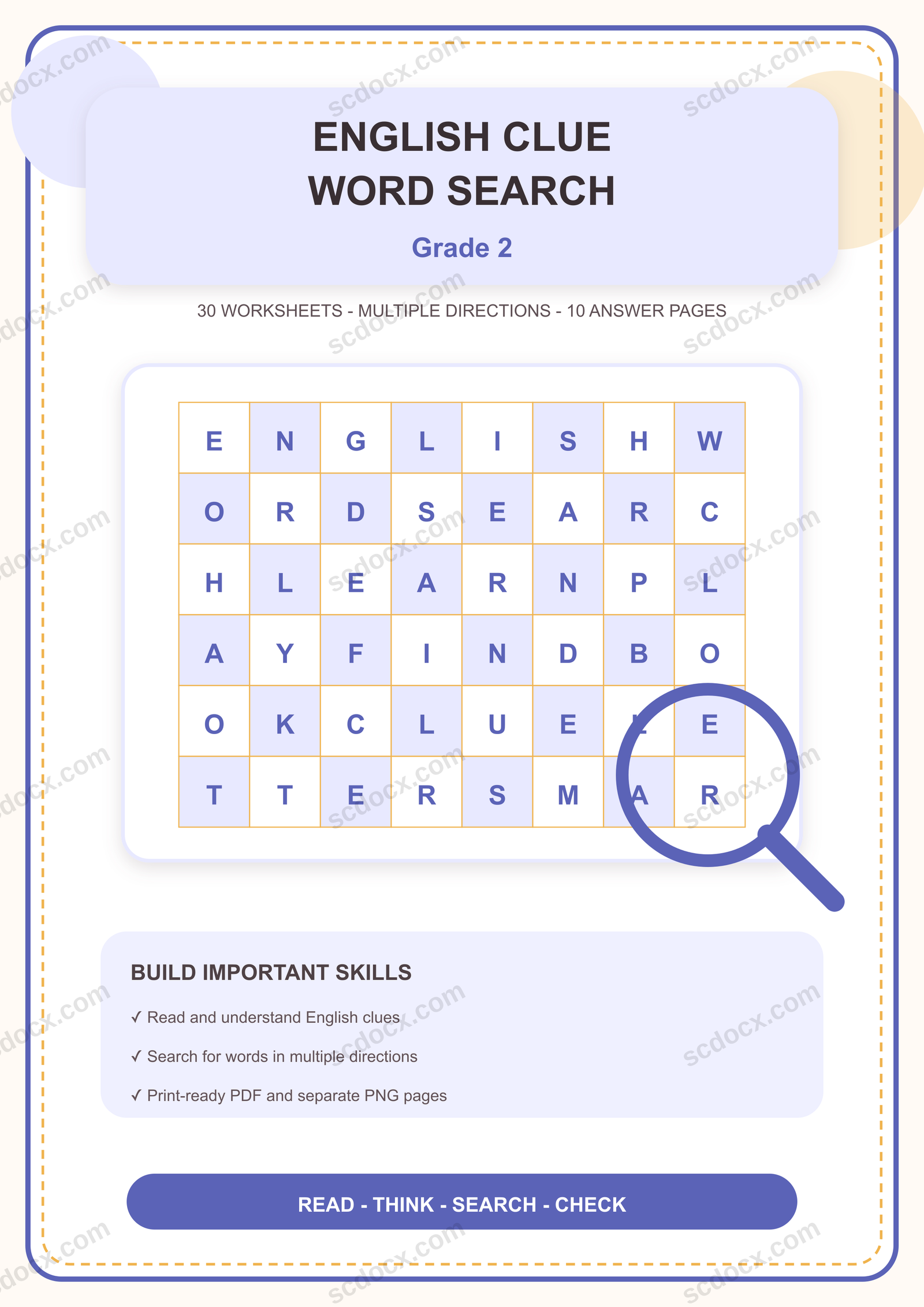 แบบฝึกค้นหาคำภาษาอังกฤษตามคำใบ้ในตาราง ป.2 | 30 หน้า พร้อมเฉลย 10 หน้า PDF + PNG