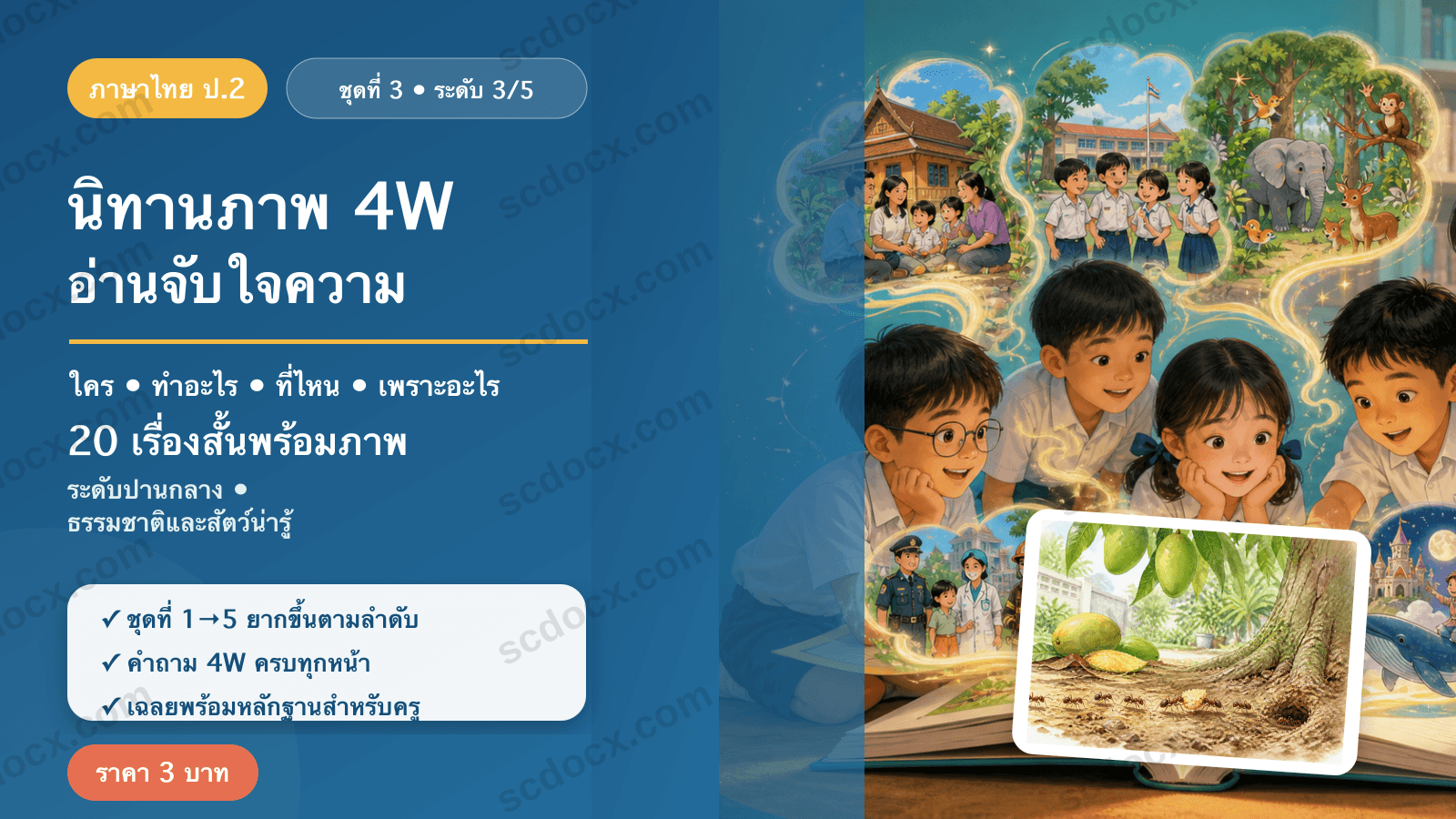 นิทานภาพ 4W อ่านจับใจความ ป.2 ชุดที่ 3 (ระดับปานกลาง) — ธรรมชาติและสัตว์น่ารู้ 20 เรื่อง พร้อมเฉลย