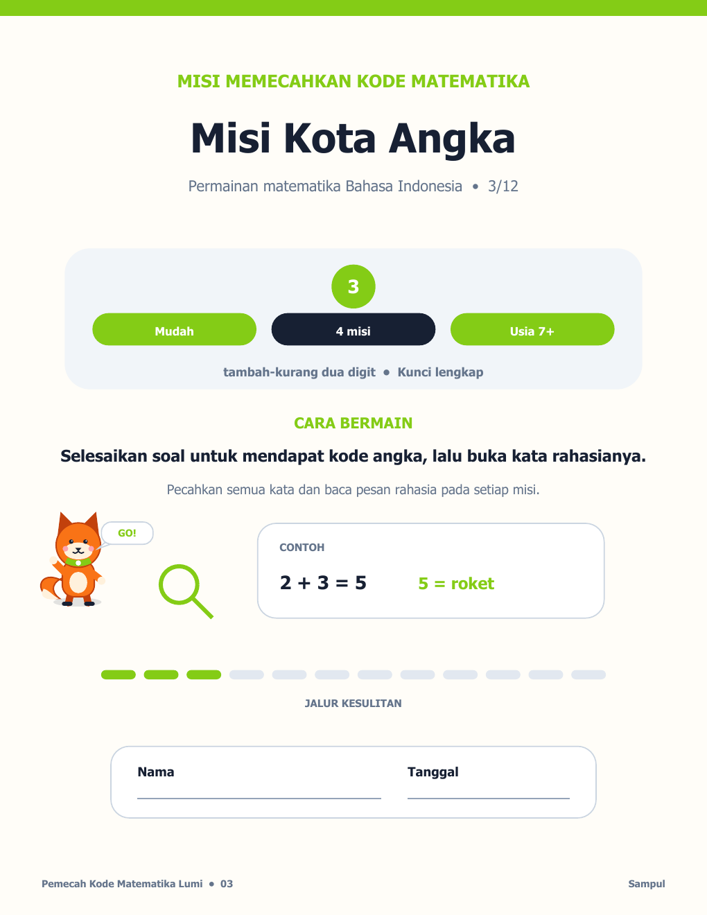 Permainan Kode Matematika Bahasa Indonesia 03 - Misi Kota Angka dengan Jawaban (GRATIS)