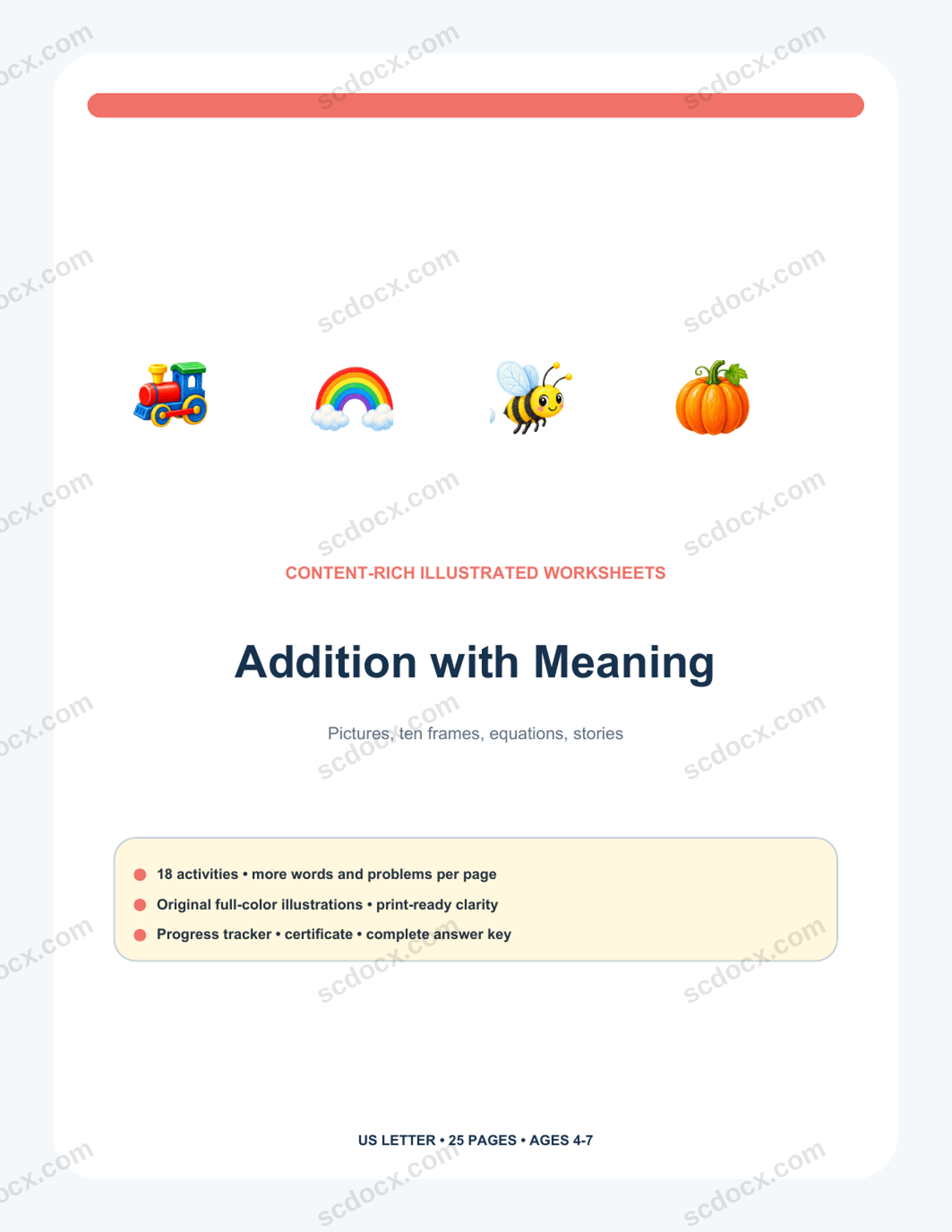 Addition with Meaning | Pictures, Ten Frames & Word Problems | US Letter