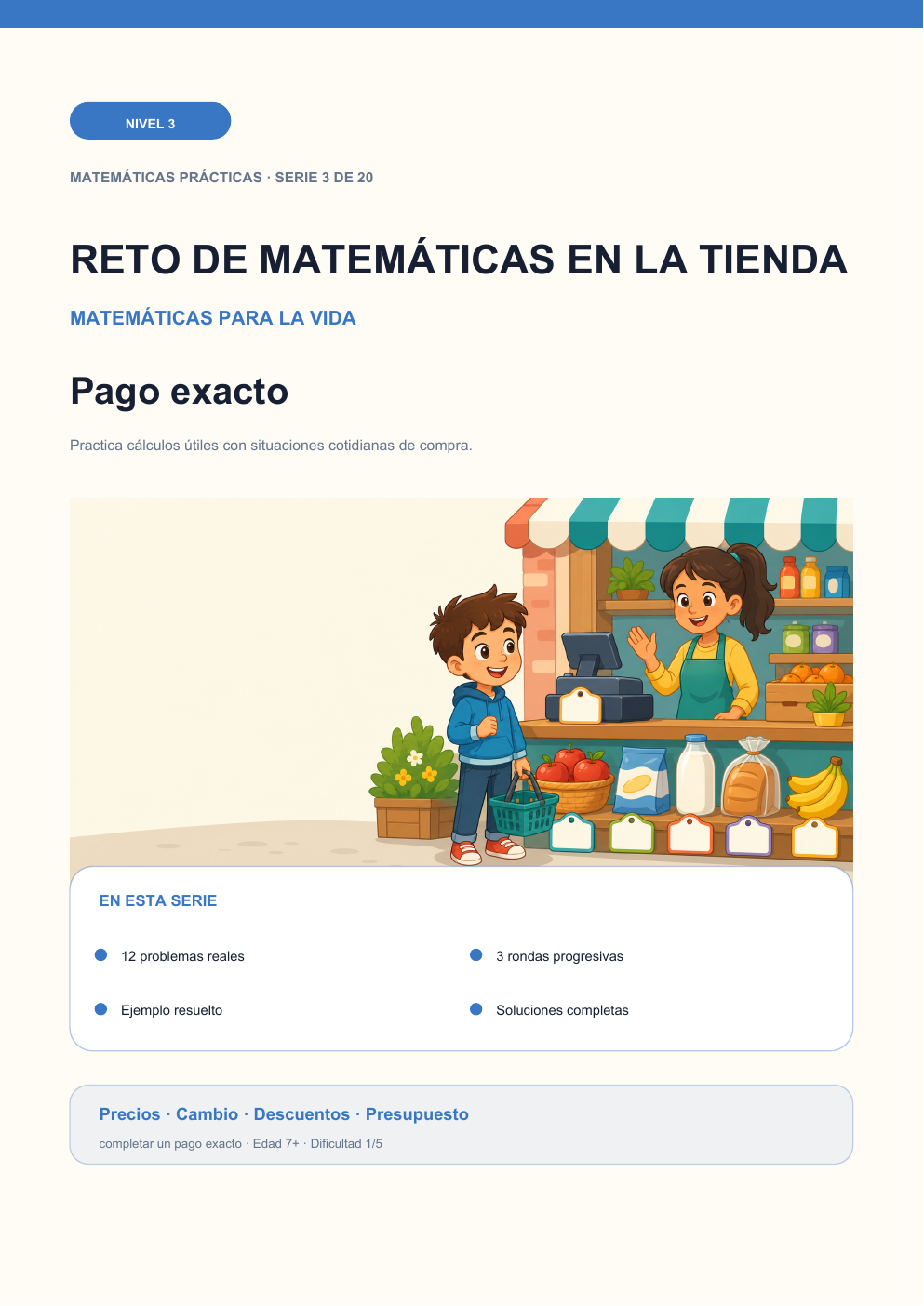 Reto de matemáticas en la tienda Nivel 3 | Pago exacto con soluciones