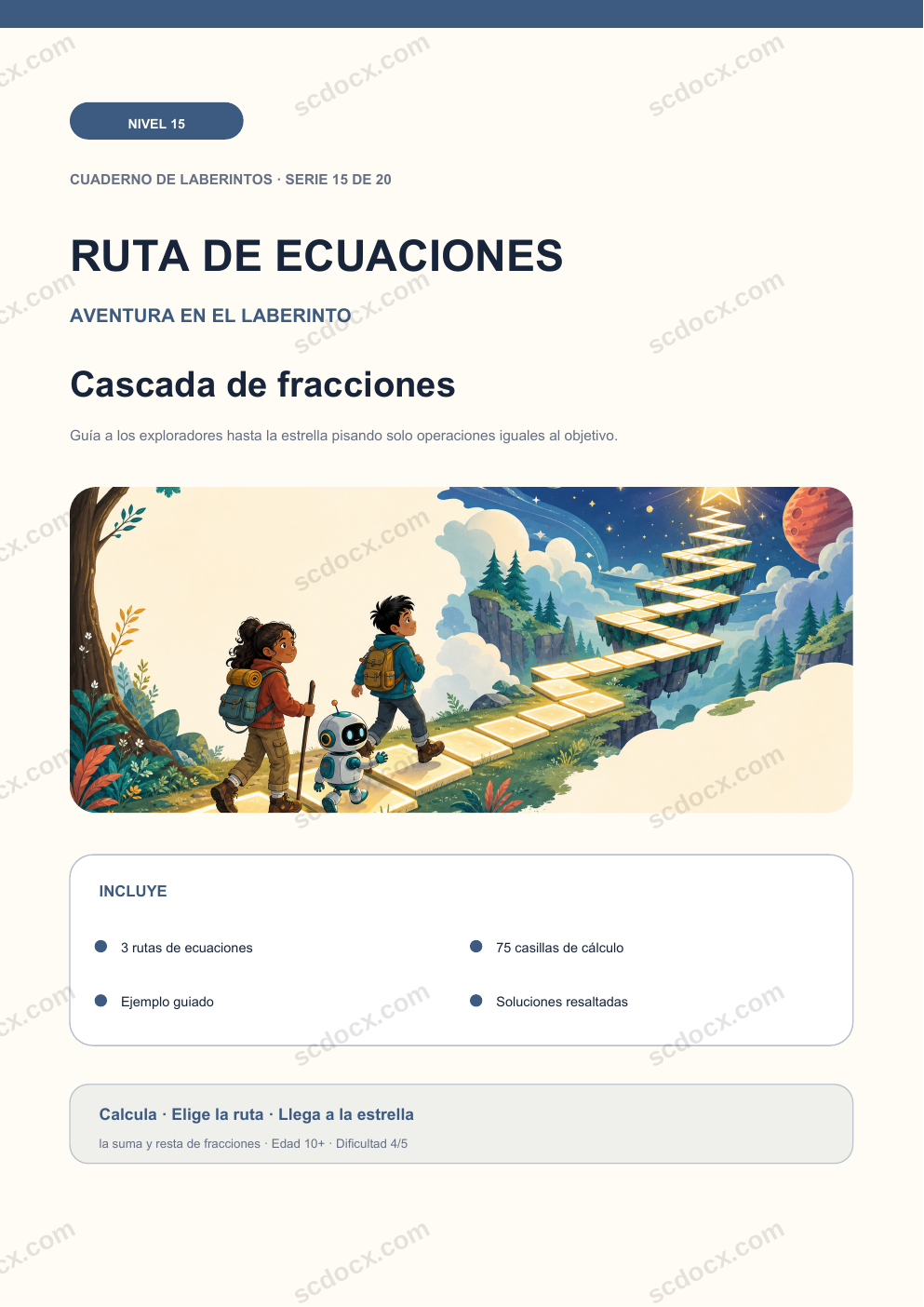 Ruta de ecuaciones Nivel 15 | Cascada de fracciones con soluciones