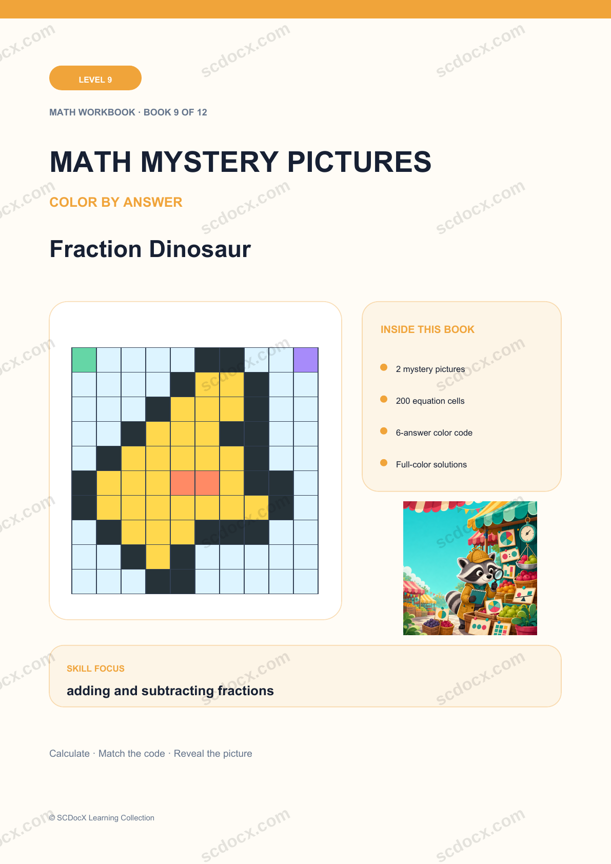 Math Mystery Picture Level 9 | Fraction Dinosaur with Answers