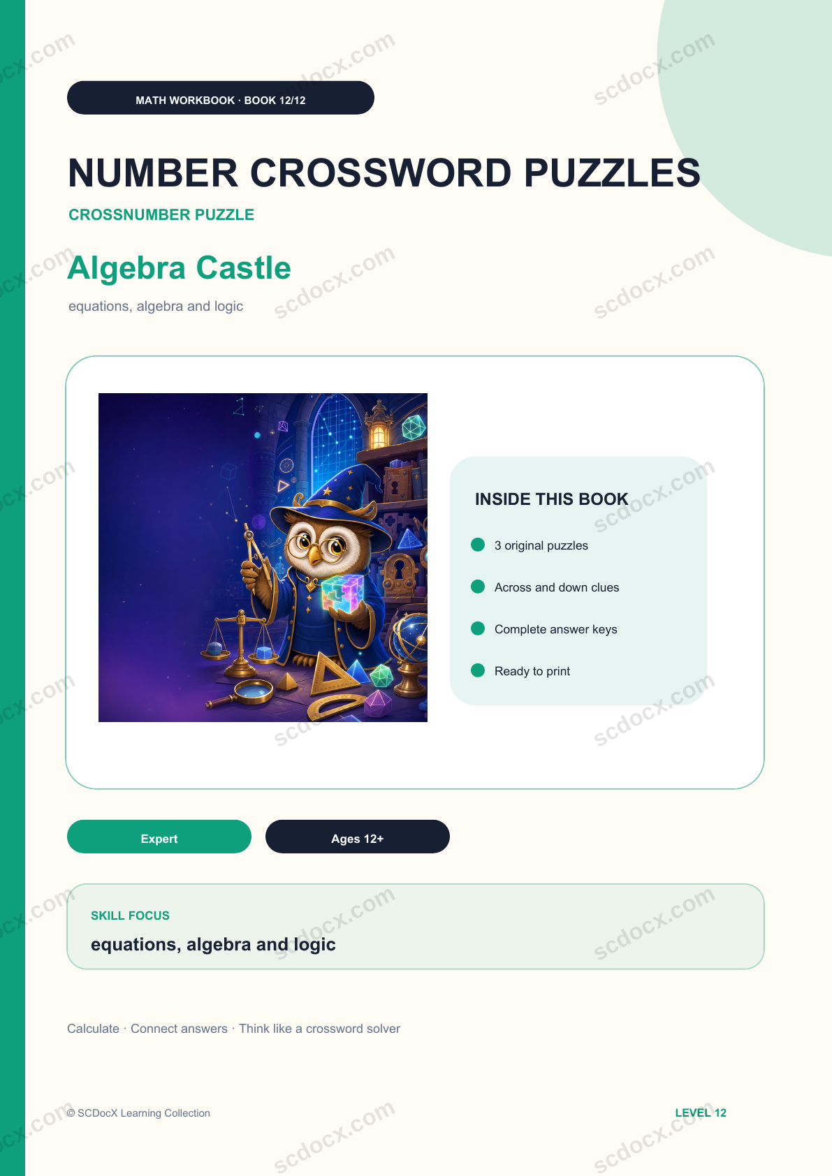 Crossnumber Puzzle Level 12 | Algebra Castle with Answers