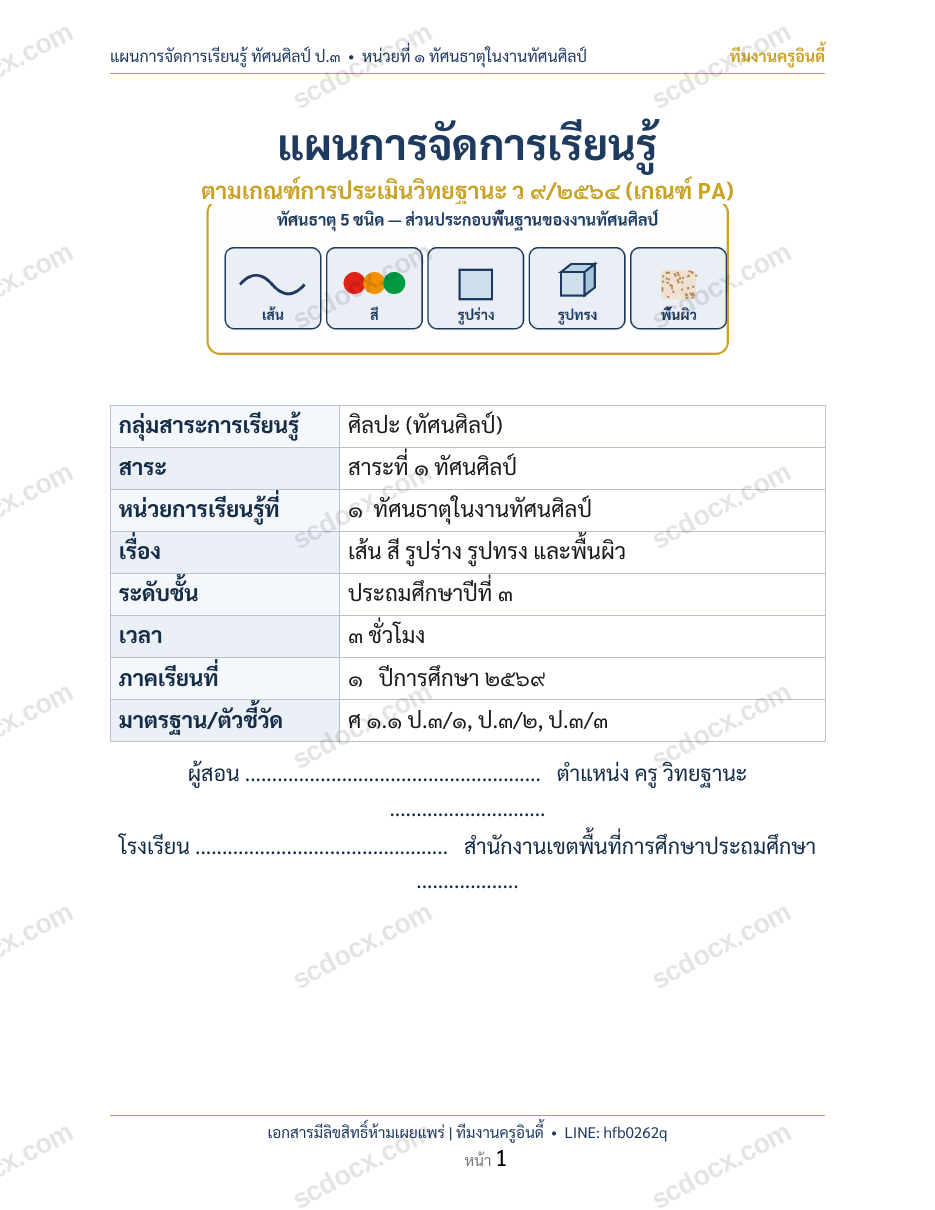 แผนการสอนประกอบการประเมิน ว.PA วิชาทัศนศิลป์ แผนที่ 1 เรื่อง ทัศนธาตุเส้นสีรูปร่างรูปทรงและพื้นผิว ชั้น ป.3