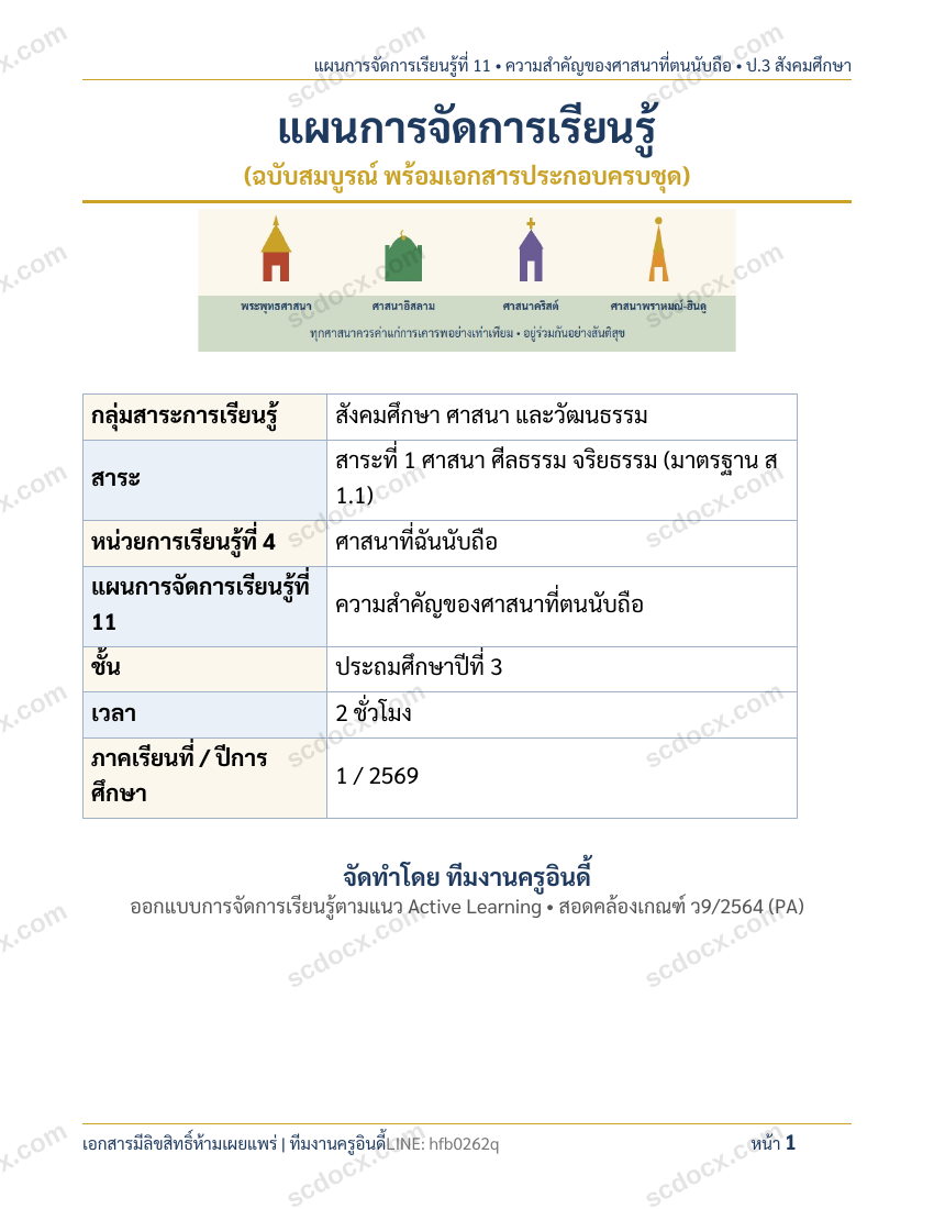 แผนการสอนประกอบการประเมิน ว.PA วิชาสังคมศึกษา แผนที่ 11 เรื่อง ความสำคัญของศาสนาที่ตนนับถือ ชั้น ป.3