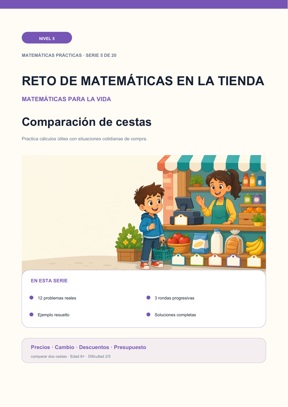 Reto de matemáticas en la tienda Nivel 5 | Comparación de cestas con soluciones