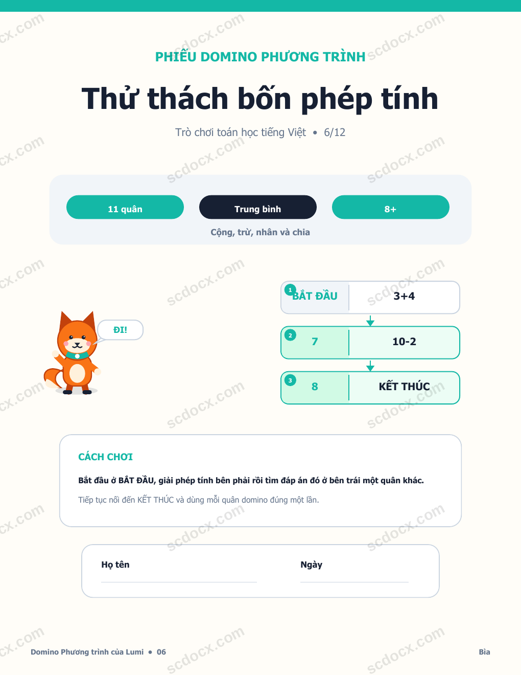 Domino Phương trình Tiếng Việt 06 - Thử thách bốn phép tính có Đáp án