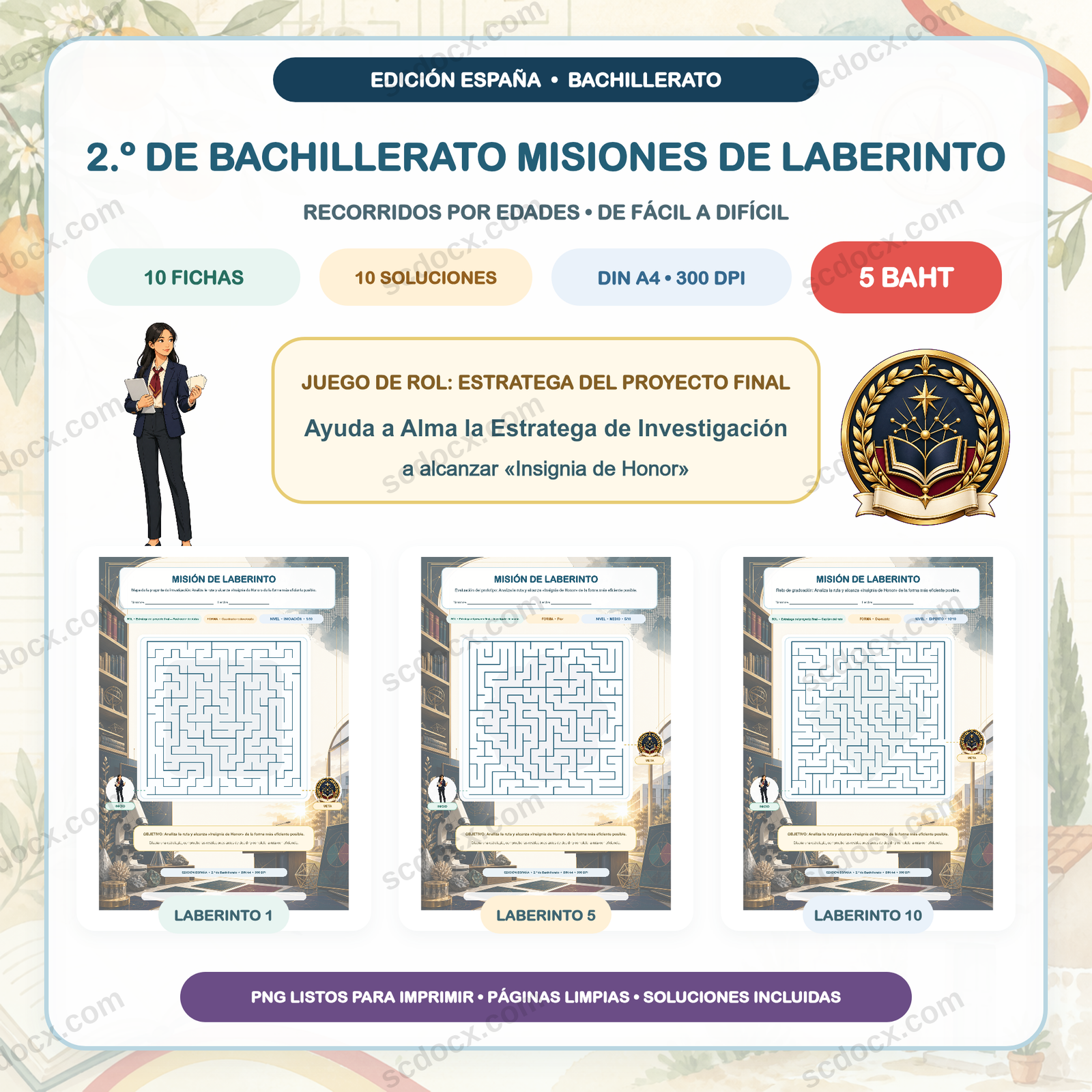 Edición España Misiones de Laberinto — 2.º de Bachillerato (10 fichas + soluciones)