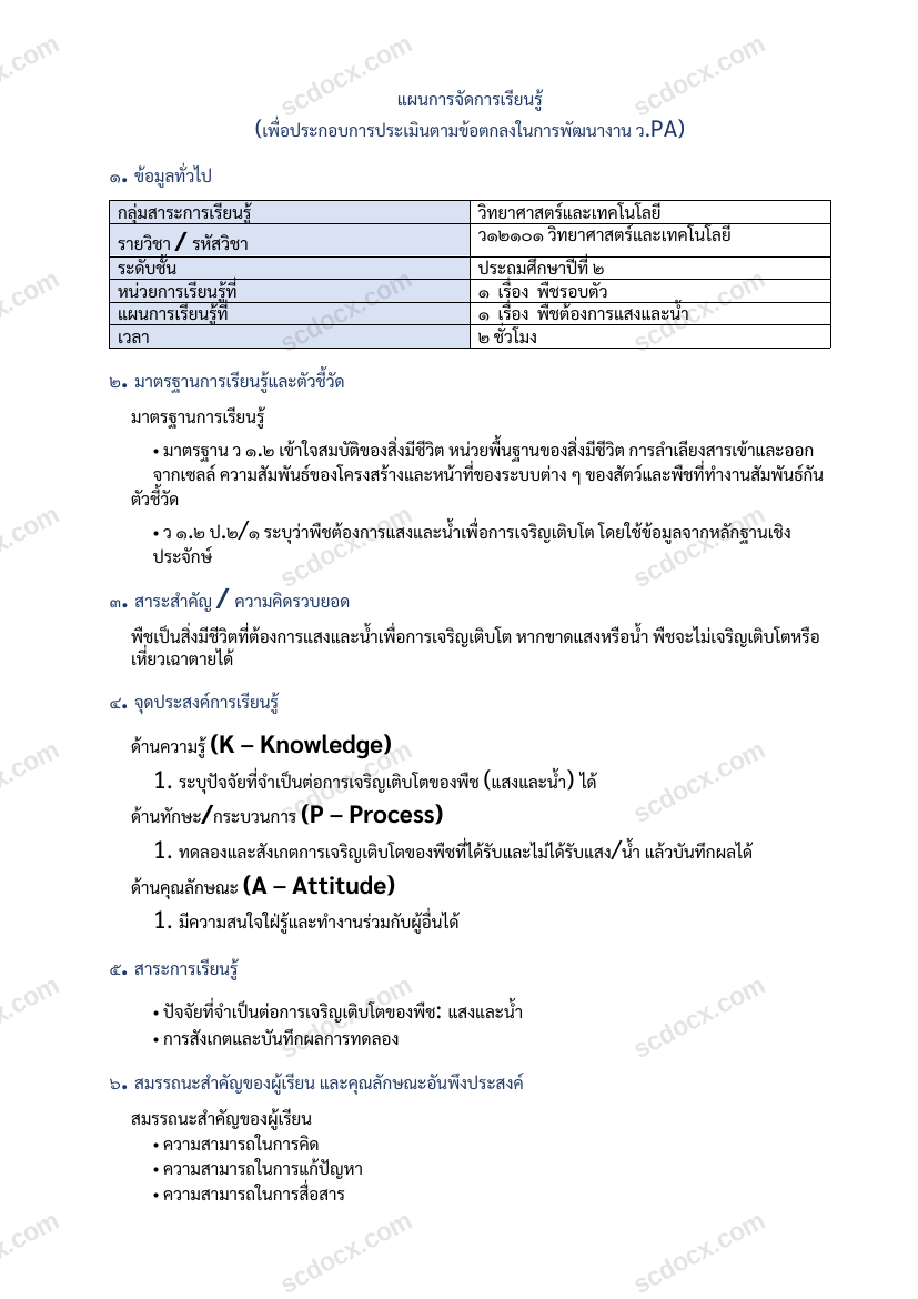แผนการสอนประกอบการประเมิน ว.PA วิชาวิทยาศาสตร์และเทคโนโลยี แผนที่ 1 เรื่อง พืชต้องการแสงและน้ำ ชั้น ป.2