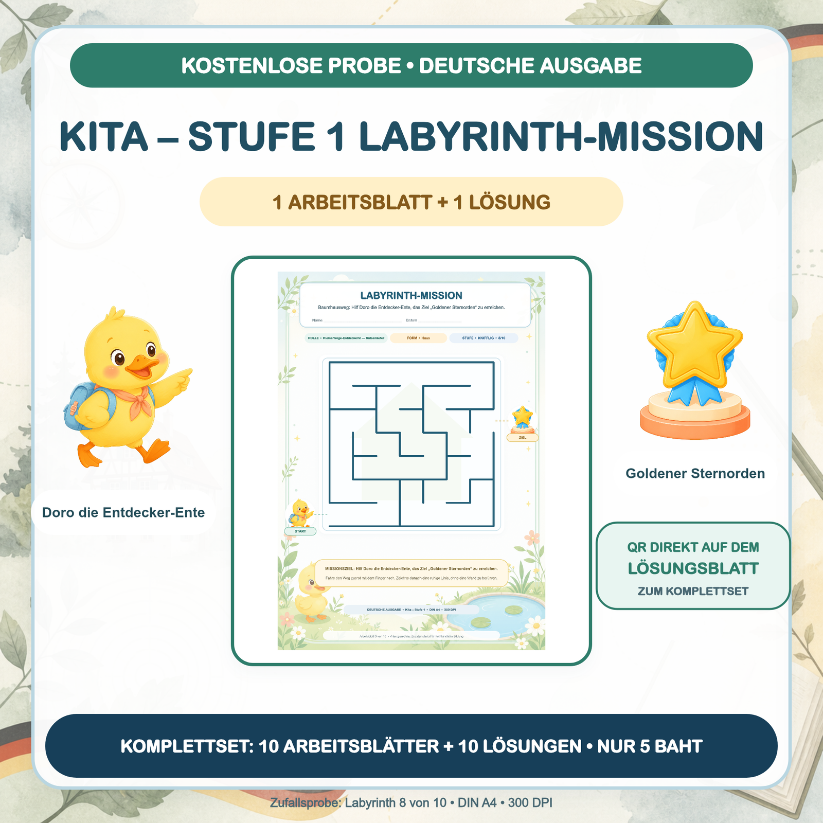 KOSTENLOSE PROBE — Labyrinth-Missionen Deutsch: Kita – Stufe 1 (1 Arbeitsblatt + Lösung)