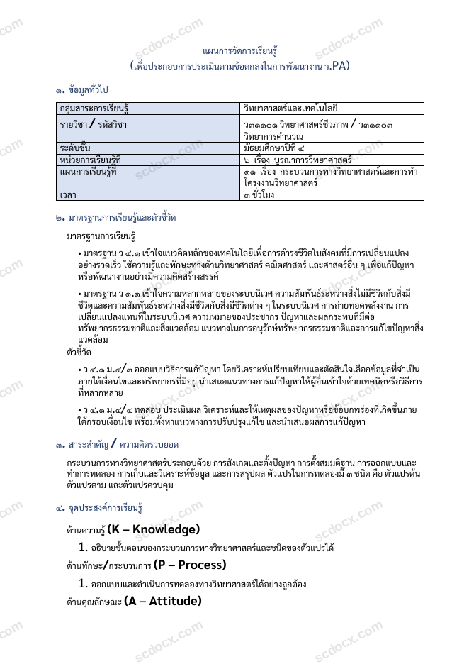 แผนการสอน ว.PA วิทยาศาสตร์ แผนที่ 11 กระบวนการทางวิทยาศาสตร์และการทำโครงงานวิทยาศาสตร์ ม.4