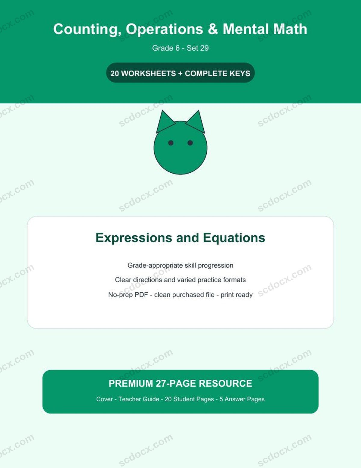 Counting, Operations & Mental Math | Grade 6 | Expressions and Equations | 20 Worksheets + Answer Keys
