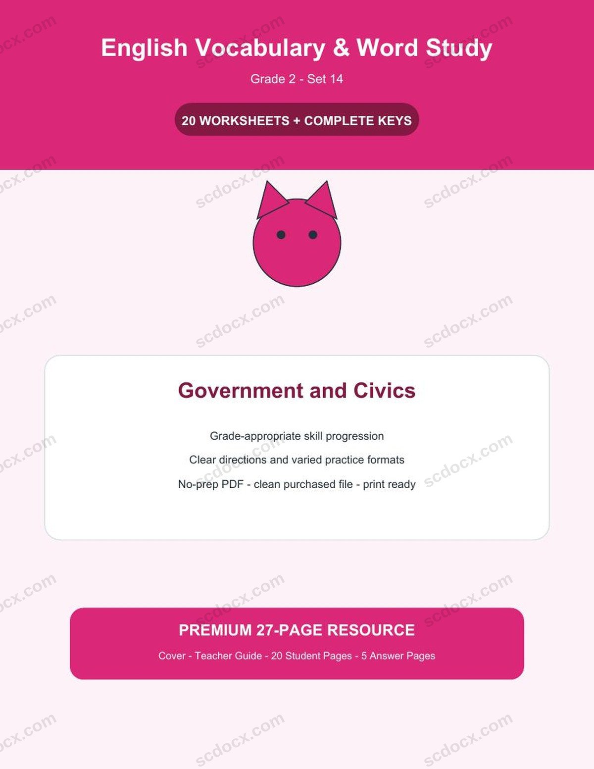 English Vocabulary & Word Study | Grade 2 | Government and Civics | 20 Worksheets + Answer Keys
