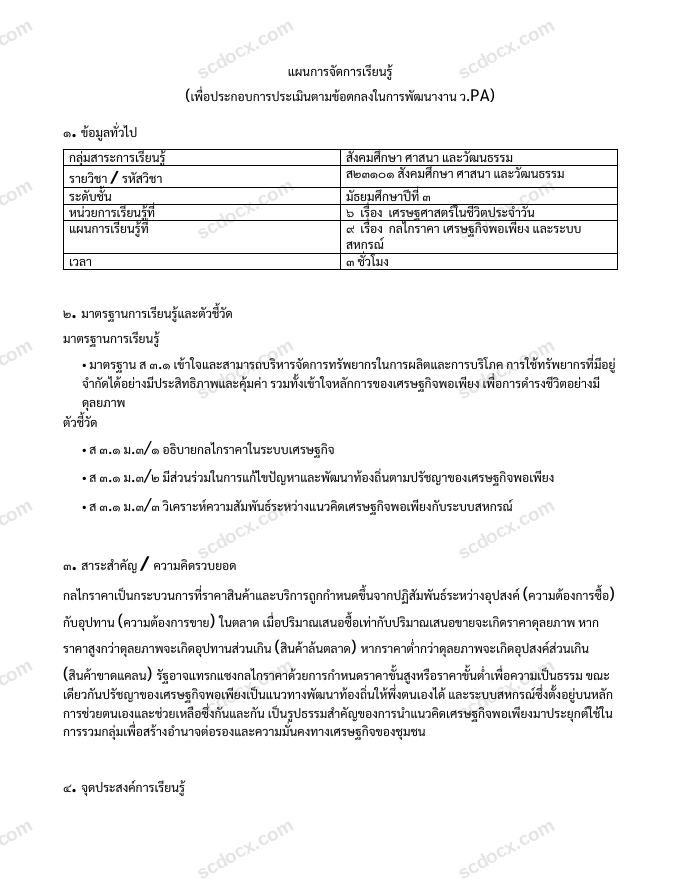 แผนการสอน ว.PA สังคมศึกษา แผนที่ 9 กลไกราคา เศรษฐกิจพอเพียง และระบบสหกรณ์ ม.3