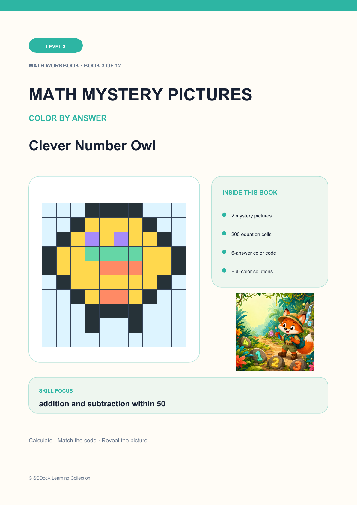 Math Mystery Picture Level 3 | Clever Number Owl with Answers