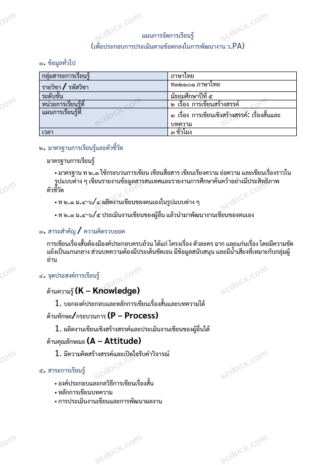 แผนการสอน ว.PA ภาษาไทย แผนที่ 3 การเขียนเชิงสร้างสรรค์: เรื่องสั้นและบทความ ม.5