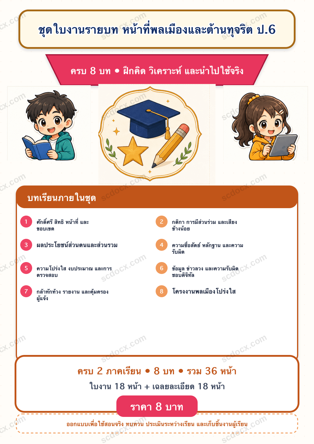 ชุดใบงานและเฉลย หน้าที่พลเมืองและต้านทุจริต ป.6 ครบ 2 เทอม | 8 บท 36 หน้า